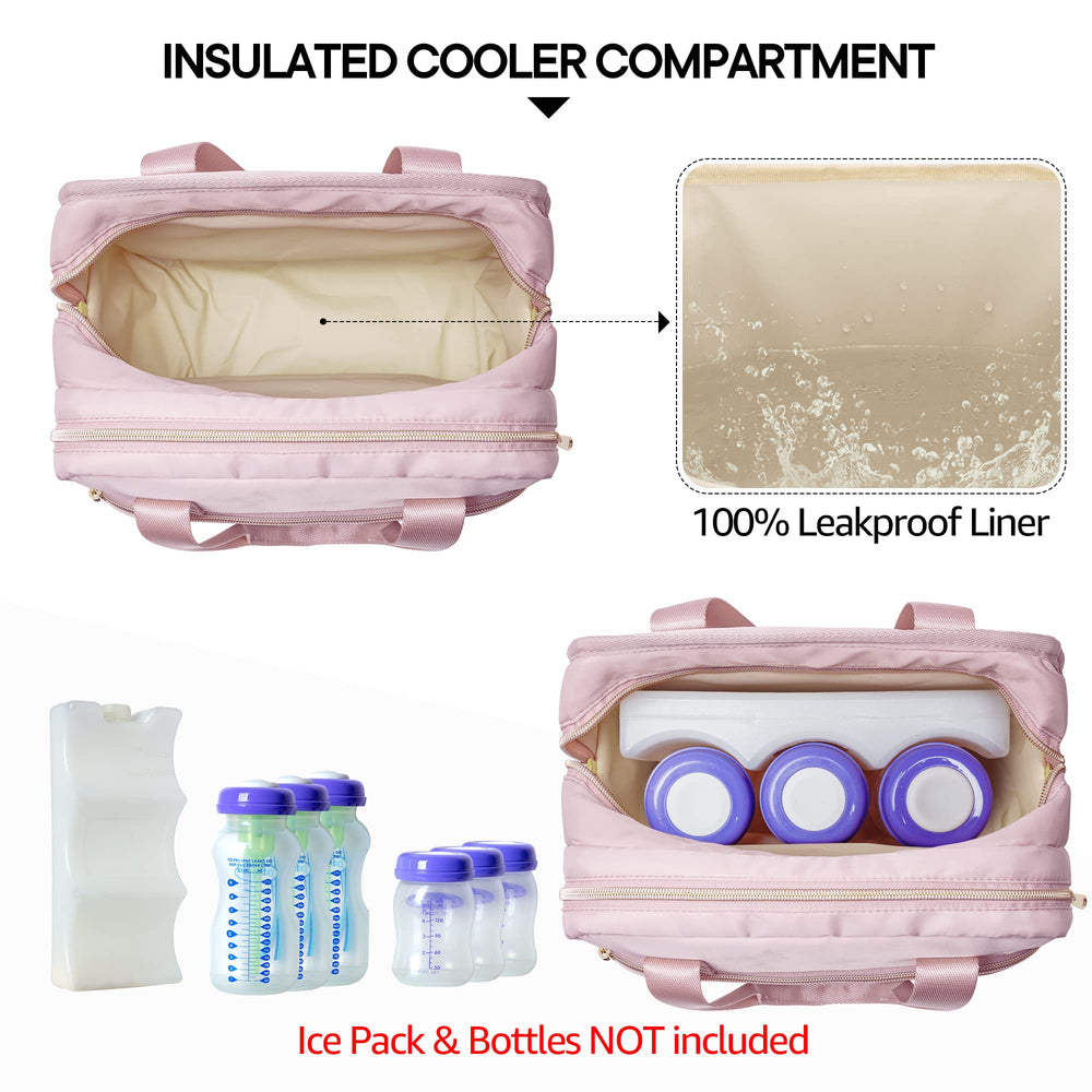 Fasrom pink cooler-compartment bag preserves bottle temperature during outings.