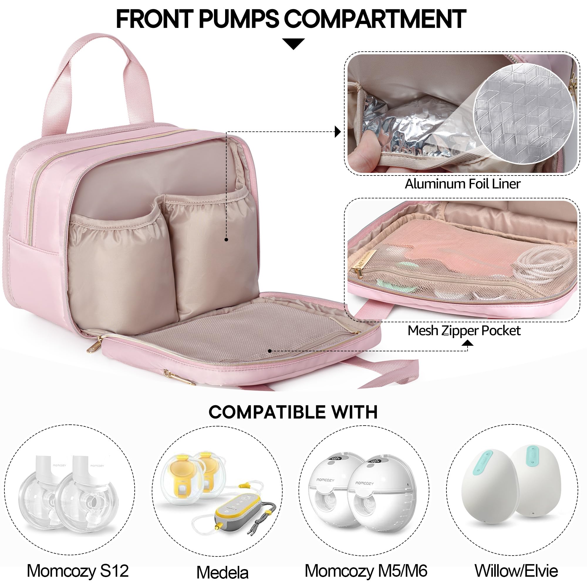 Fasrom breast pump bag pink front pocket keeps essentials handy on the go.