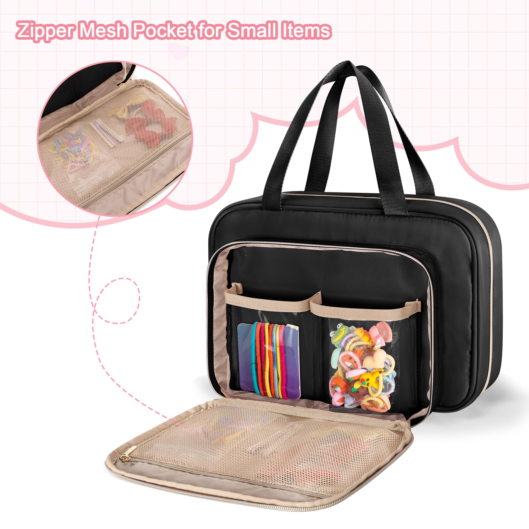 Fasrom mesh pouches keep headbands and brushes neatly separated.