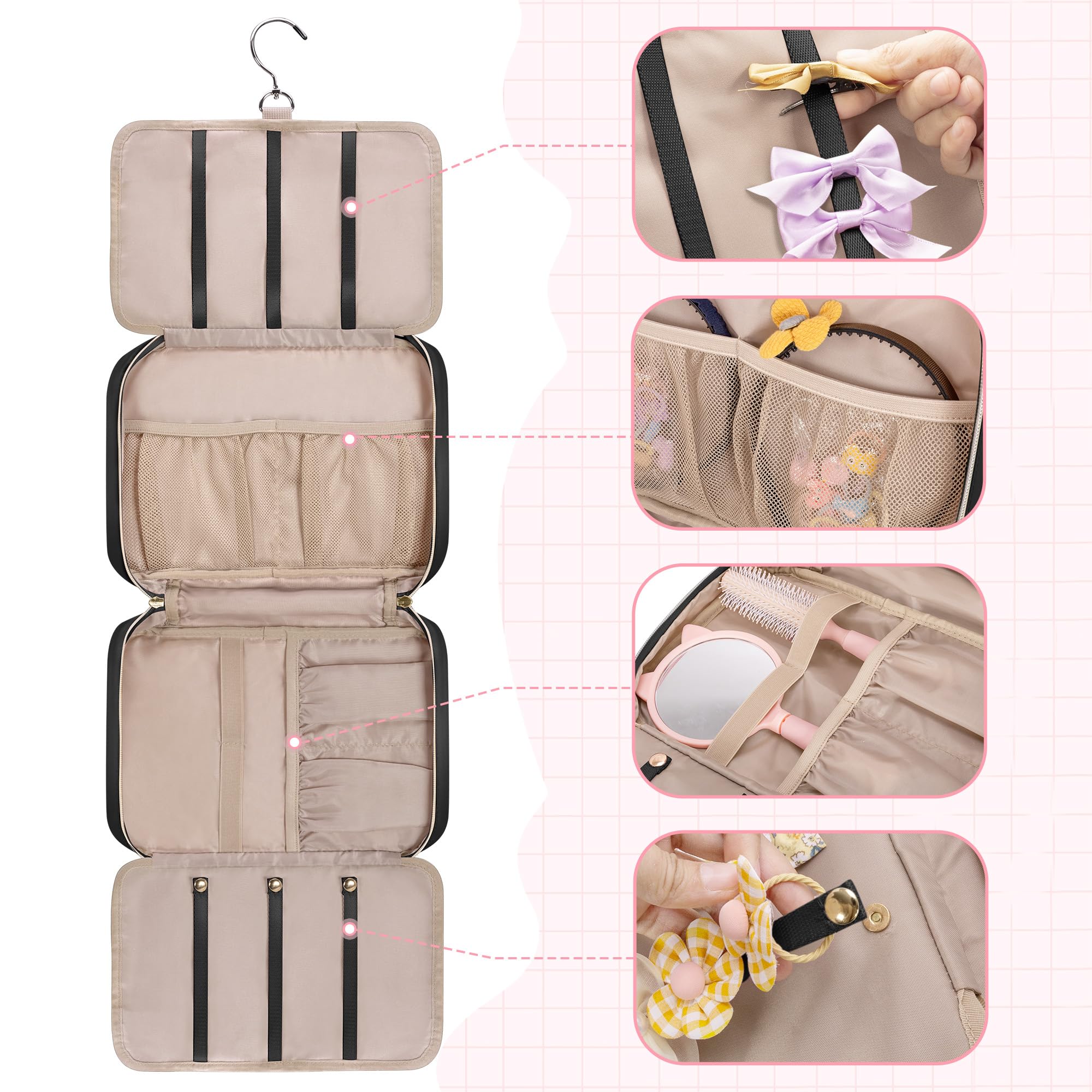 Fasrom travel bag with six ribbon pockets promotes organized on-the-go hair accessory trips.
