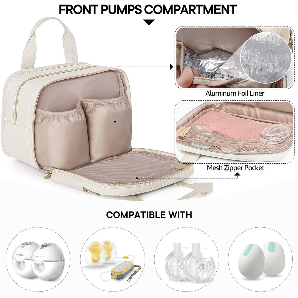 Fasrom wearable breast pump bag beige with insulated cooler demonstrates milk keeping capability.