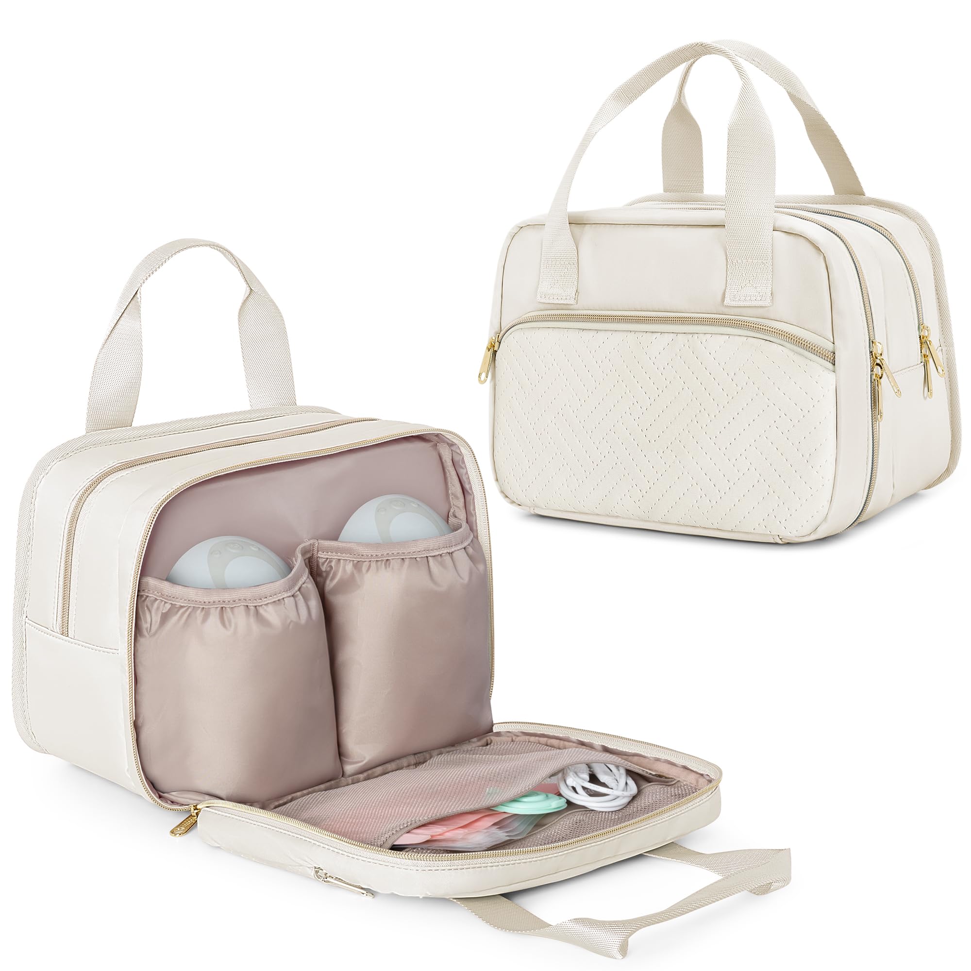 Fasrom wearable breast pump bag beige side view shows portable design for moms on the go.