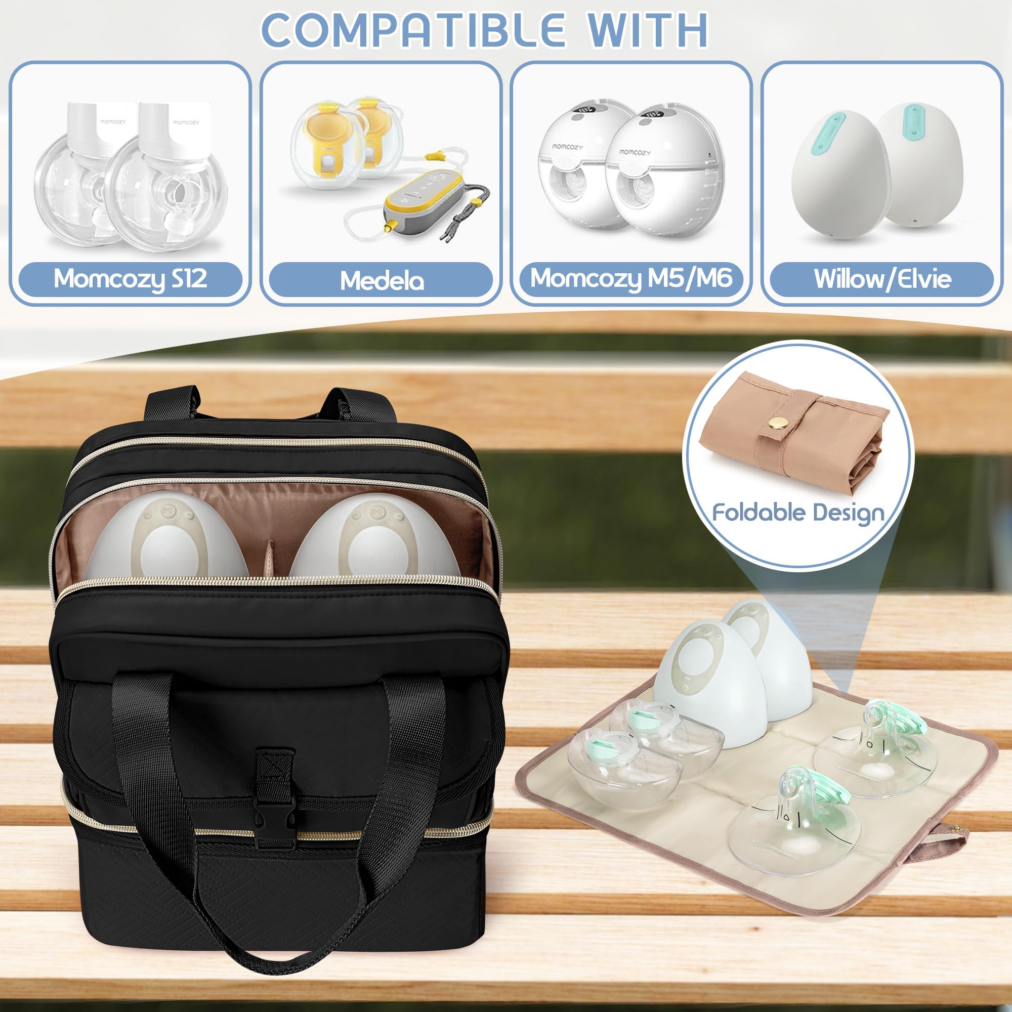 Fasrom wearable breast pump bag front pocket detail highlights quick-access storage for wipes and essentials.