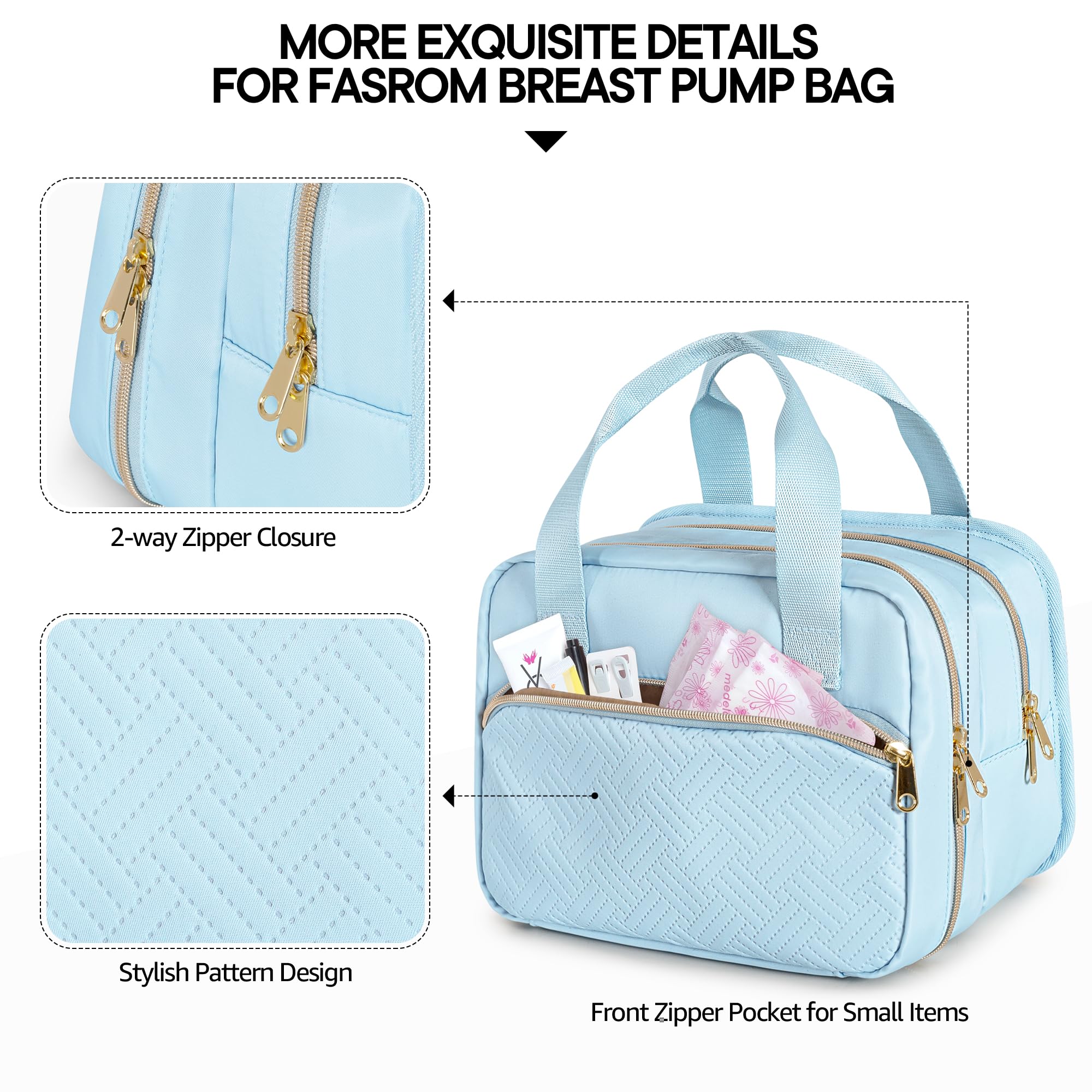 Fasrom bag features padded pouches for pumping components and cords.