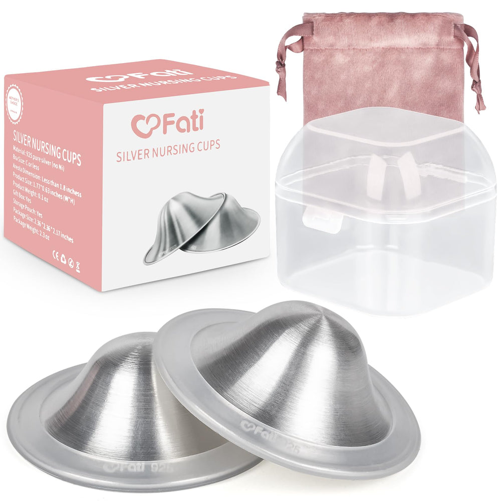 FATI silver nursing cups close-up with smooth edges for comfortable wear.