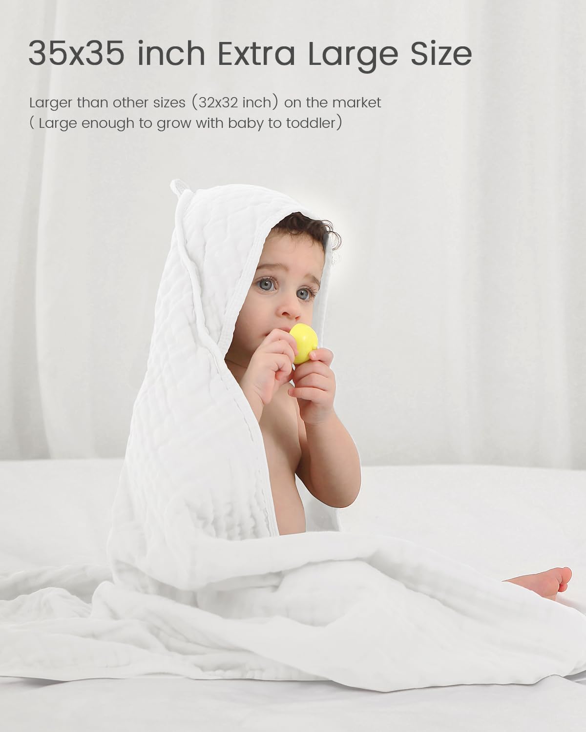 FAVERDIIY large 35x35 inch towel covers newborn to toddler for easy wrapping.
