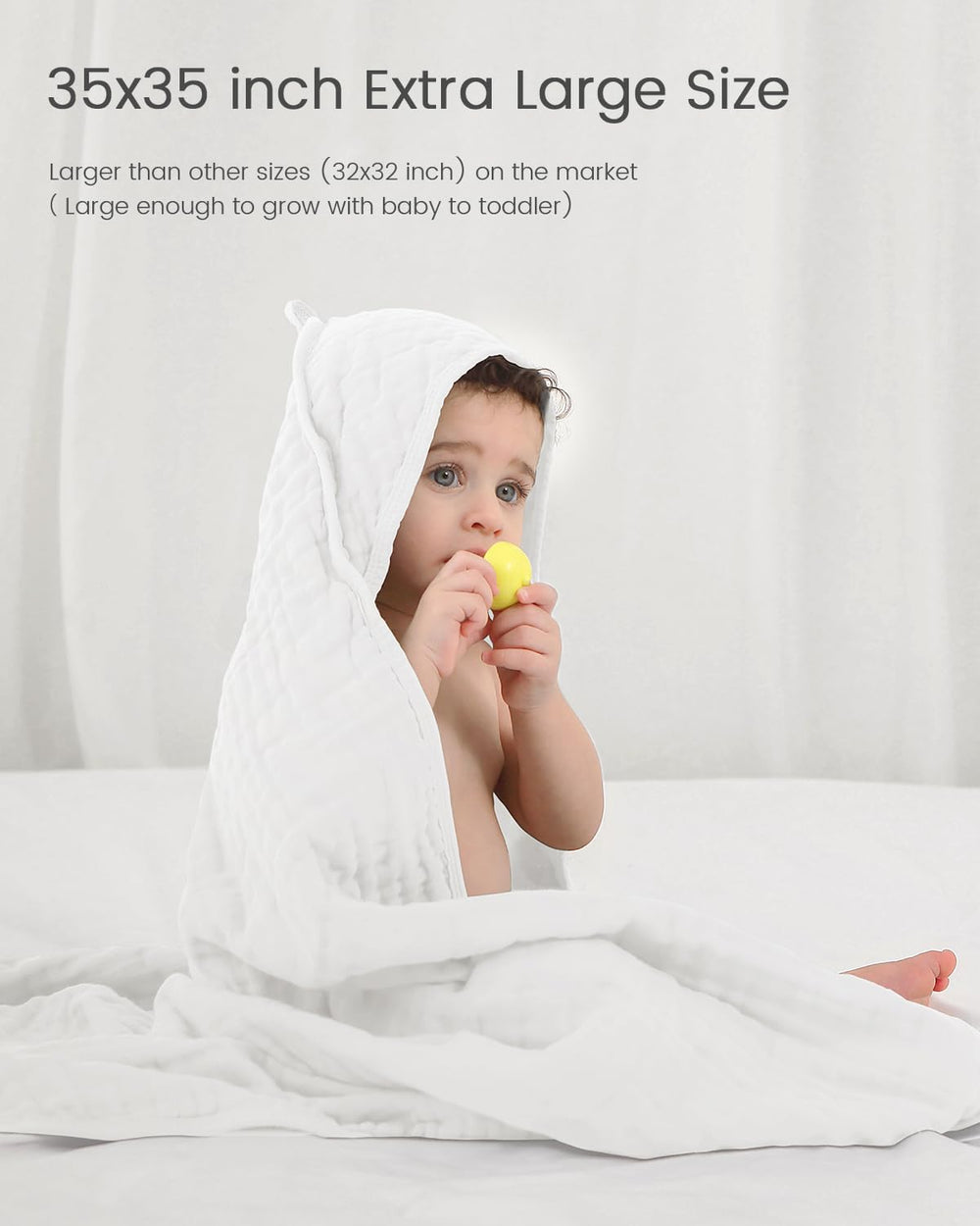 FAVERDIIY large 35x35 inch towel covers newborn to toddler for easy wrapping.