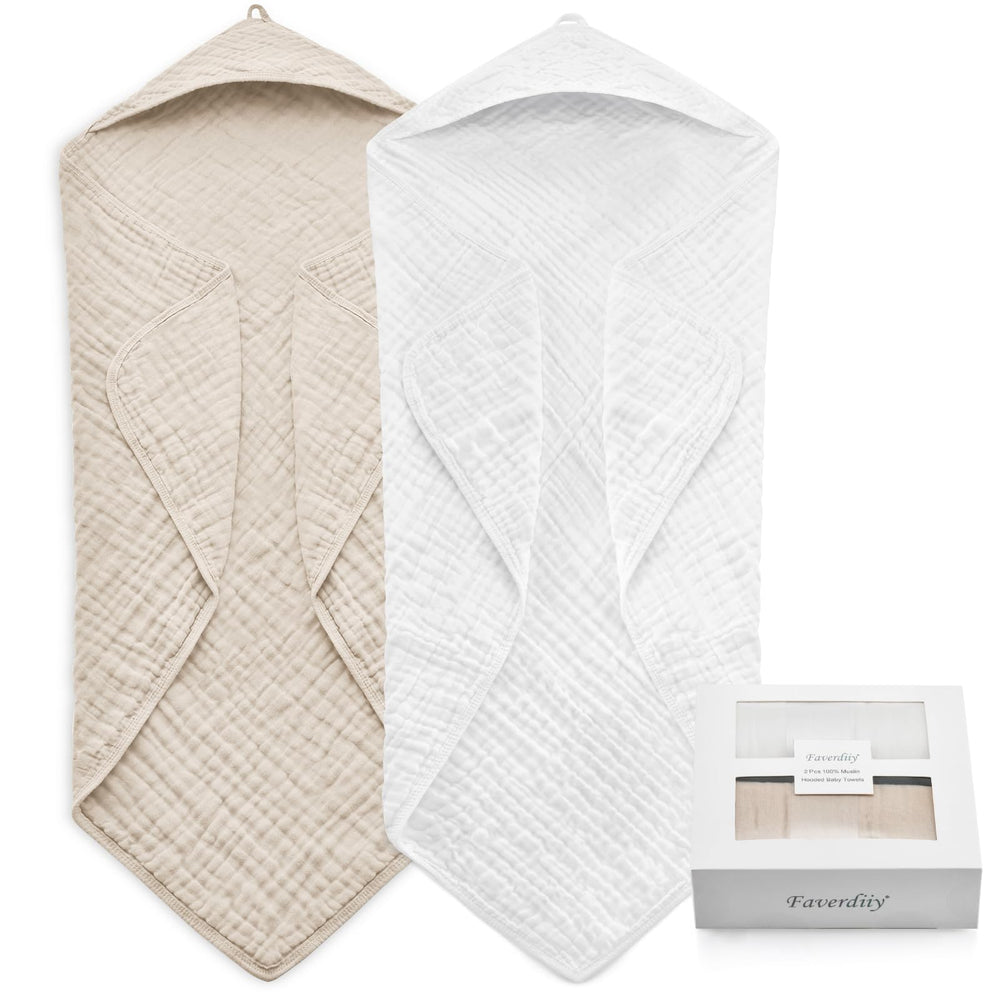 FAVERDIIY newborn hooded towel white beige front view, soft and absorbent for bath time