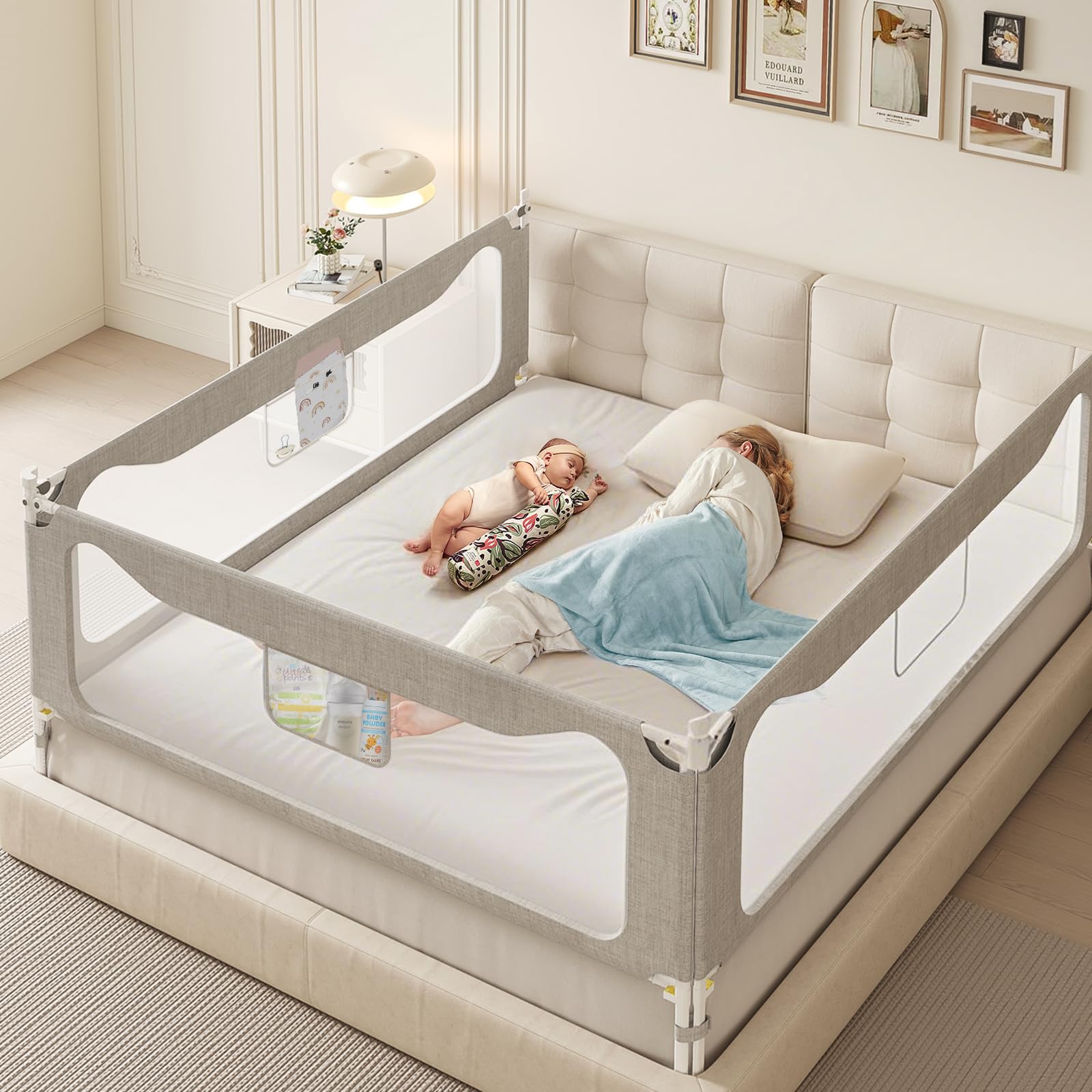 FAVIRZCE king-size bed rail front view demonstrates 4-point stability for secure sleep.