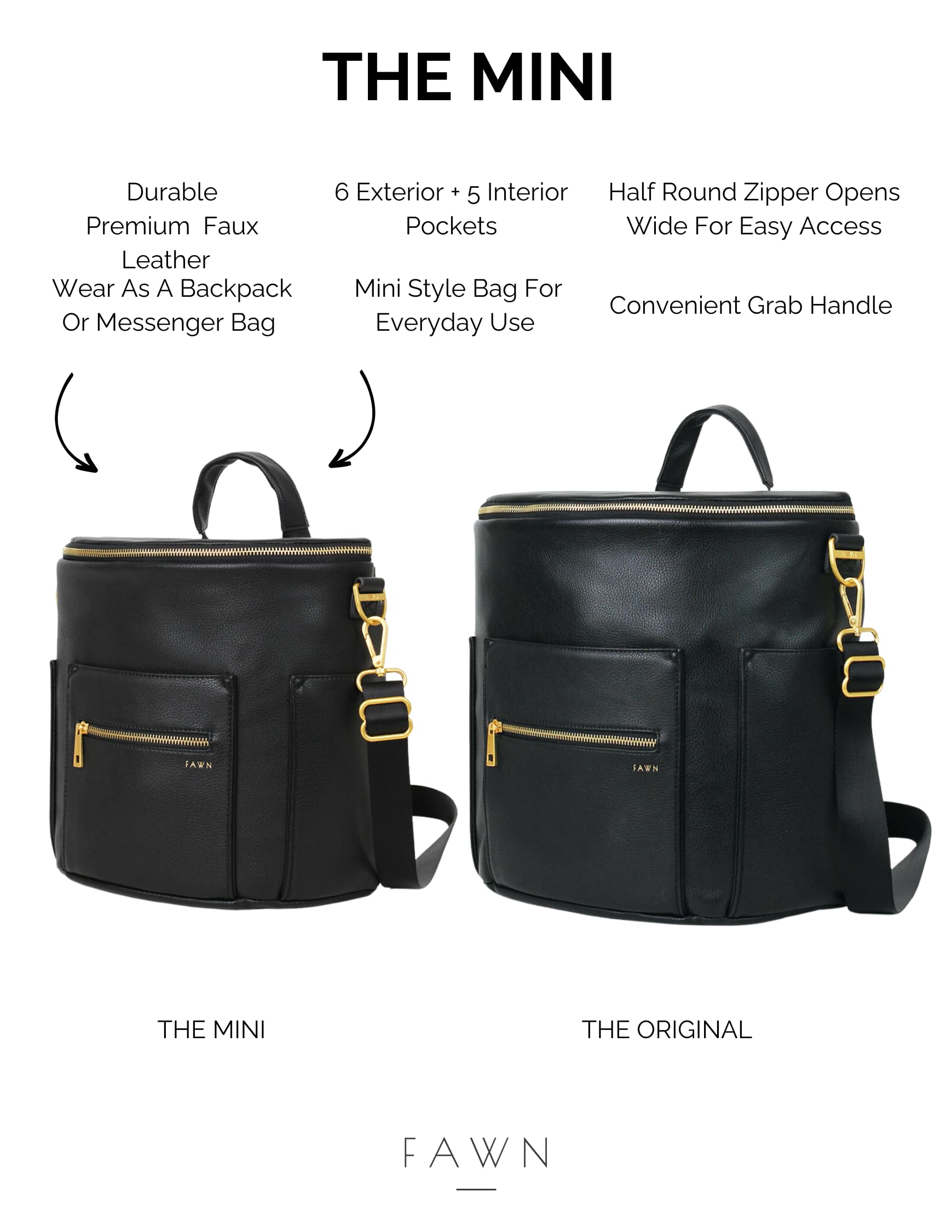 FAWN DESIGN Mini Diaper Bag interior pockets maximize organization for diaper kits and snacks.