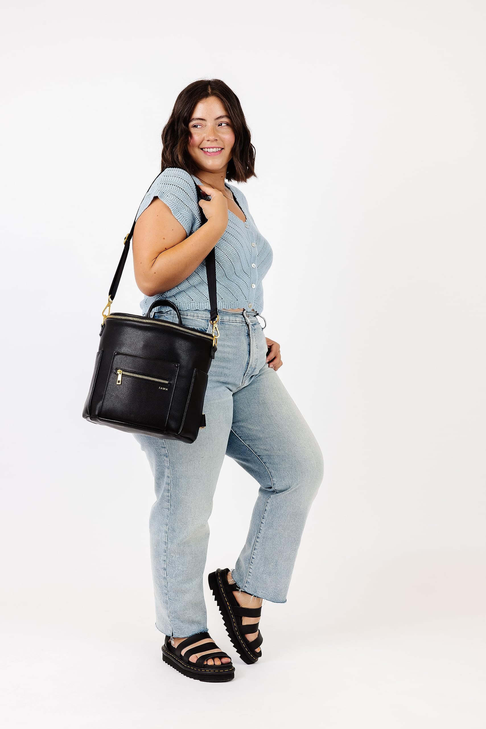 FAWN DESIGN Mini Diaper Bag top zipper access speeds quick diaper changes.