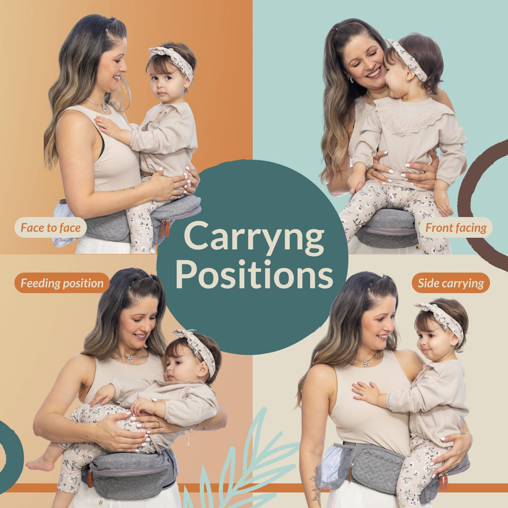 FAWNEST baby hip seat carrier back view shows even weight distribution for parent comfort