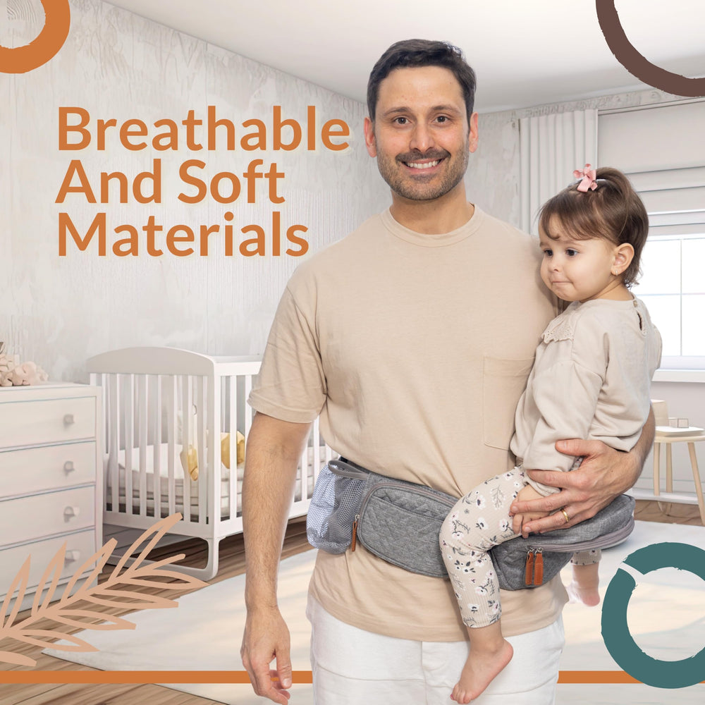 FAWNEST hip seat carrier newborn setup image communicates adaptable use from infancy