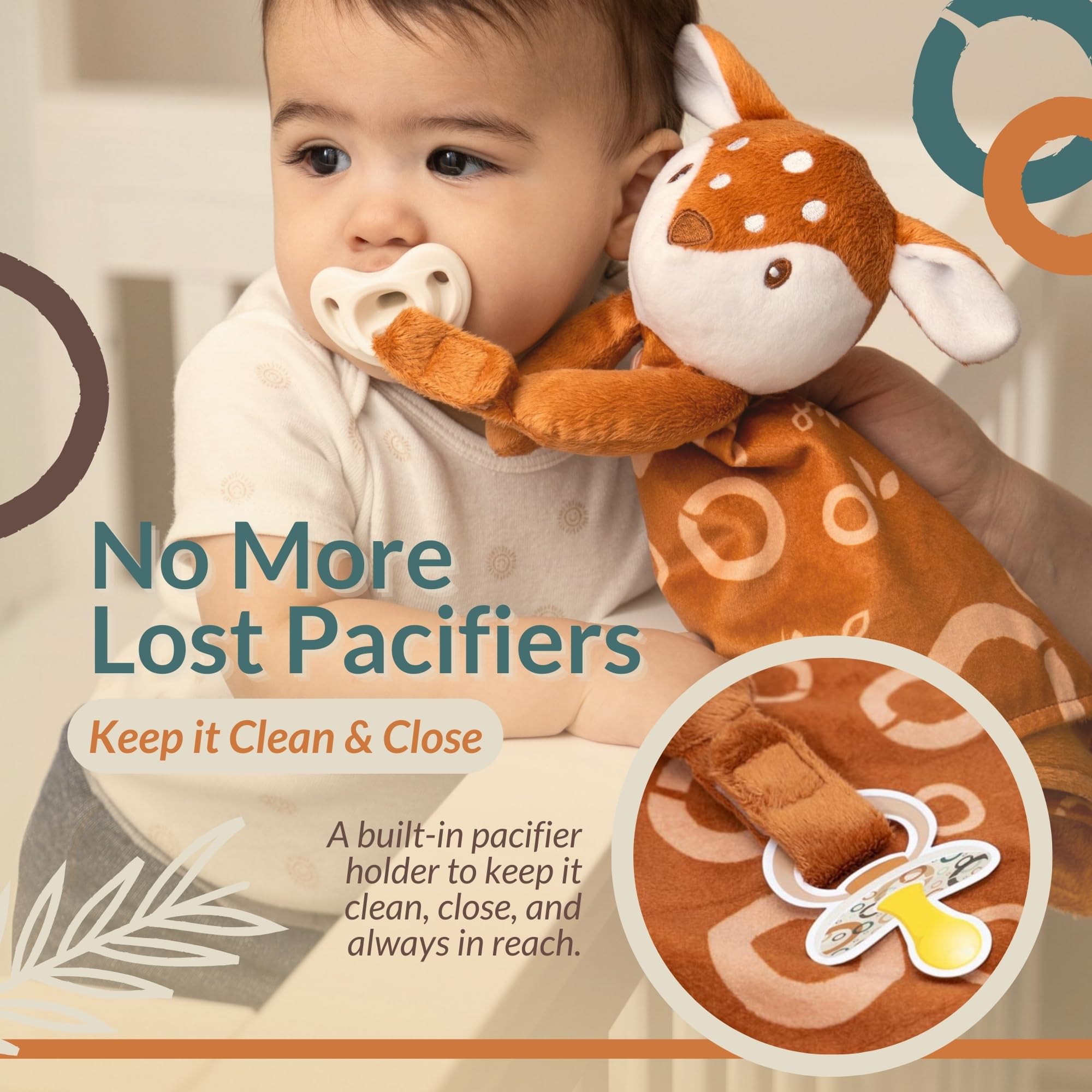 FAWNEST Lovey pacifier holder feature highlighting reduced pacifier drops and convenience