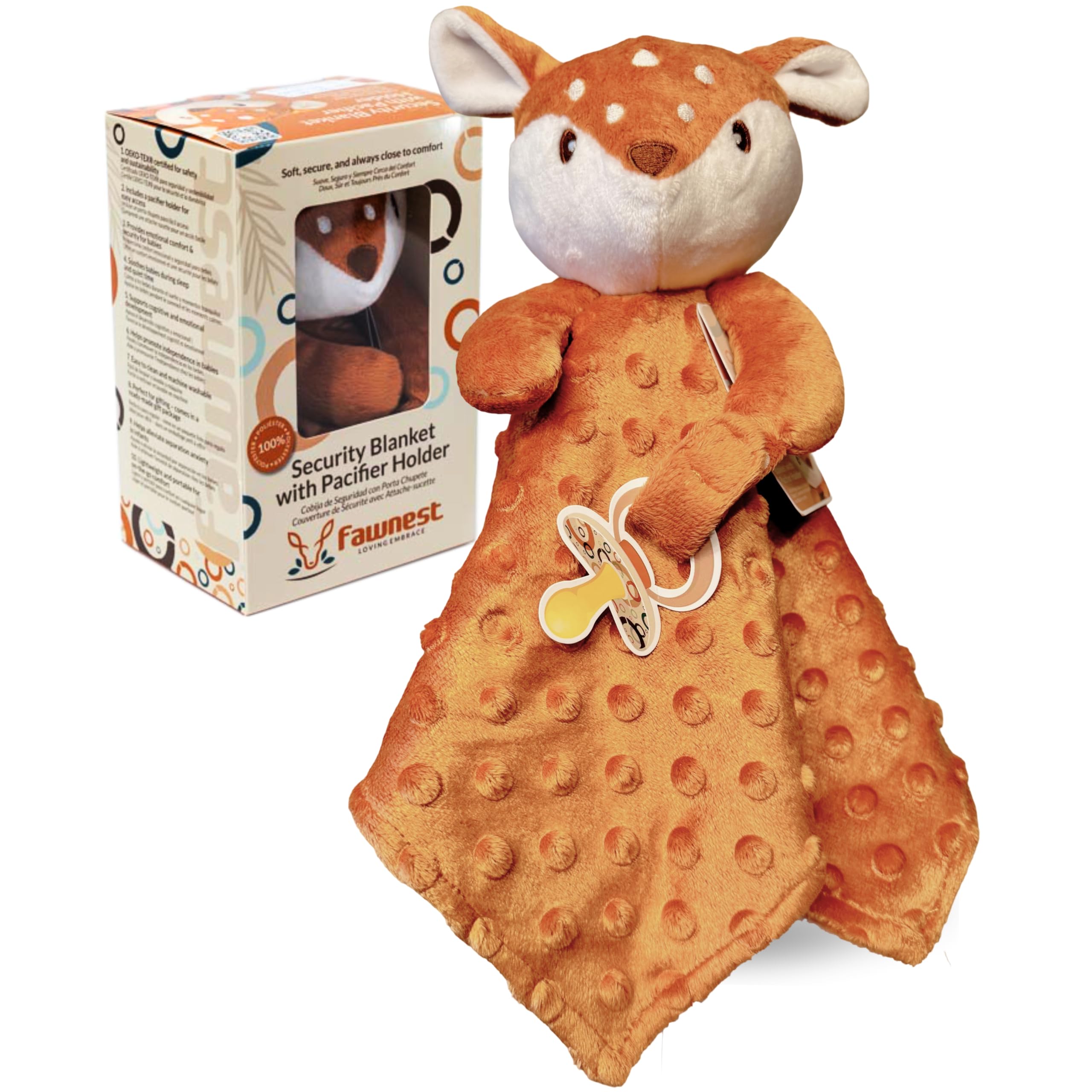 FAWNEST Baby Lovey with pacifier holder close-up showing secure design for calm moments