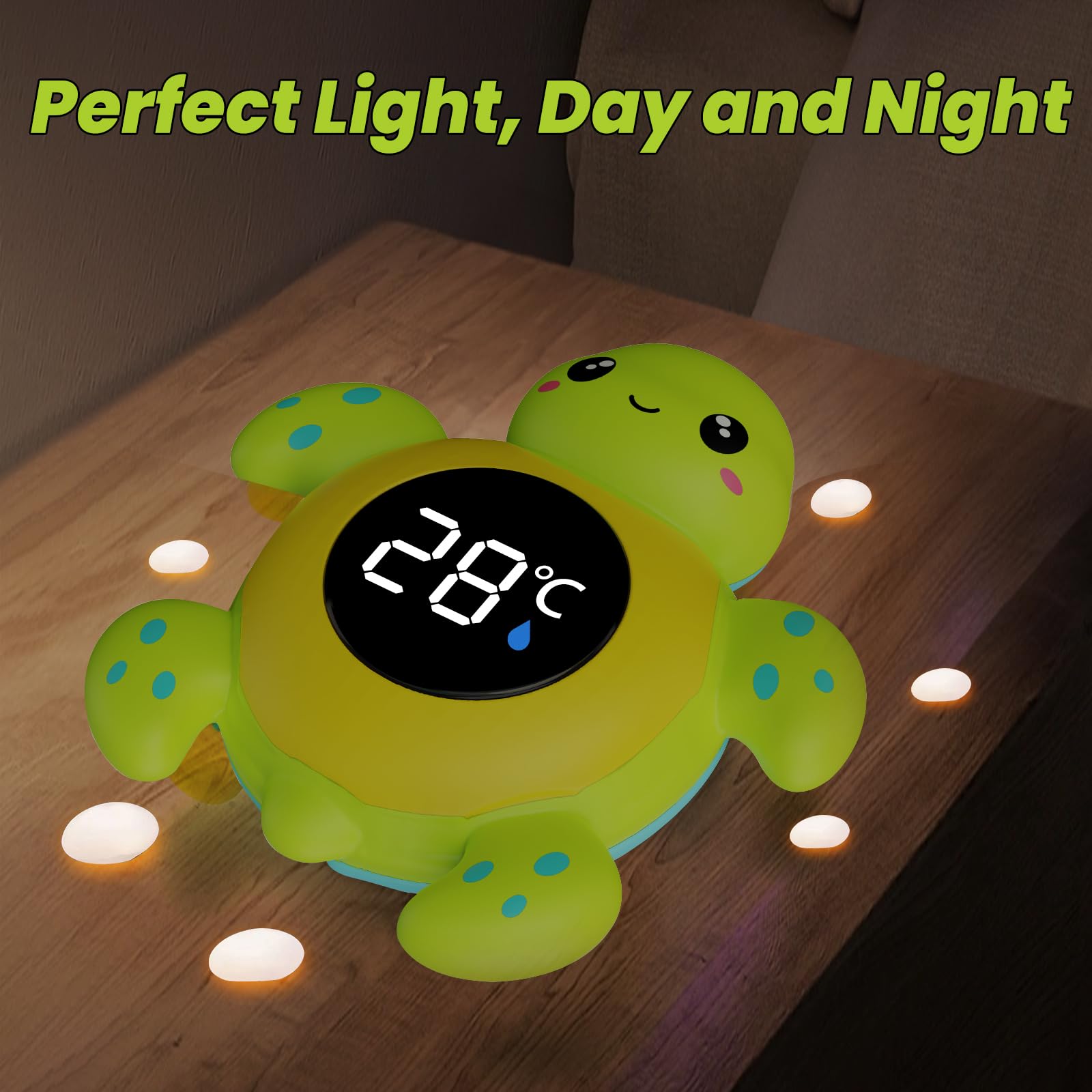 FDK baby bath thermometer in water tank demonstrates quick real-time temperature readings.