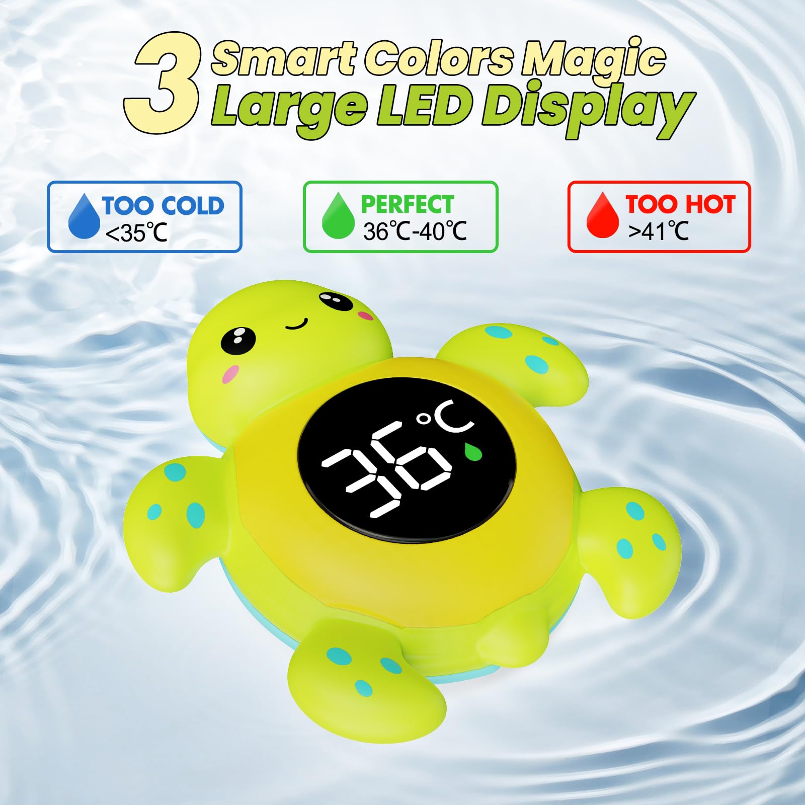 FDK bath thermometer LED display shows bath and room temps at a glance.