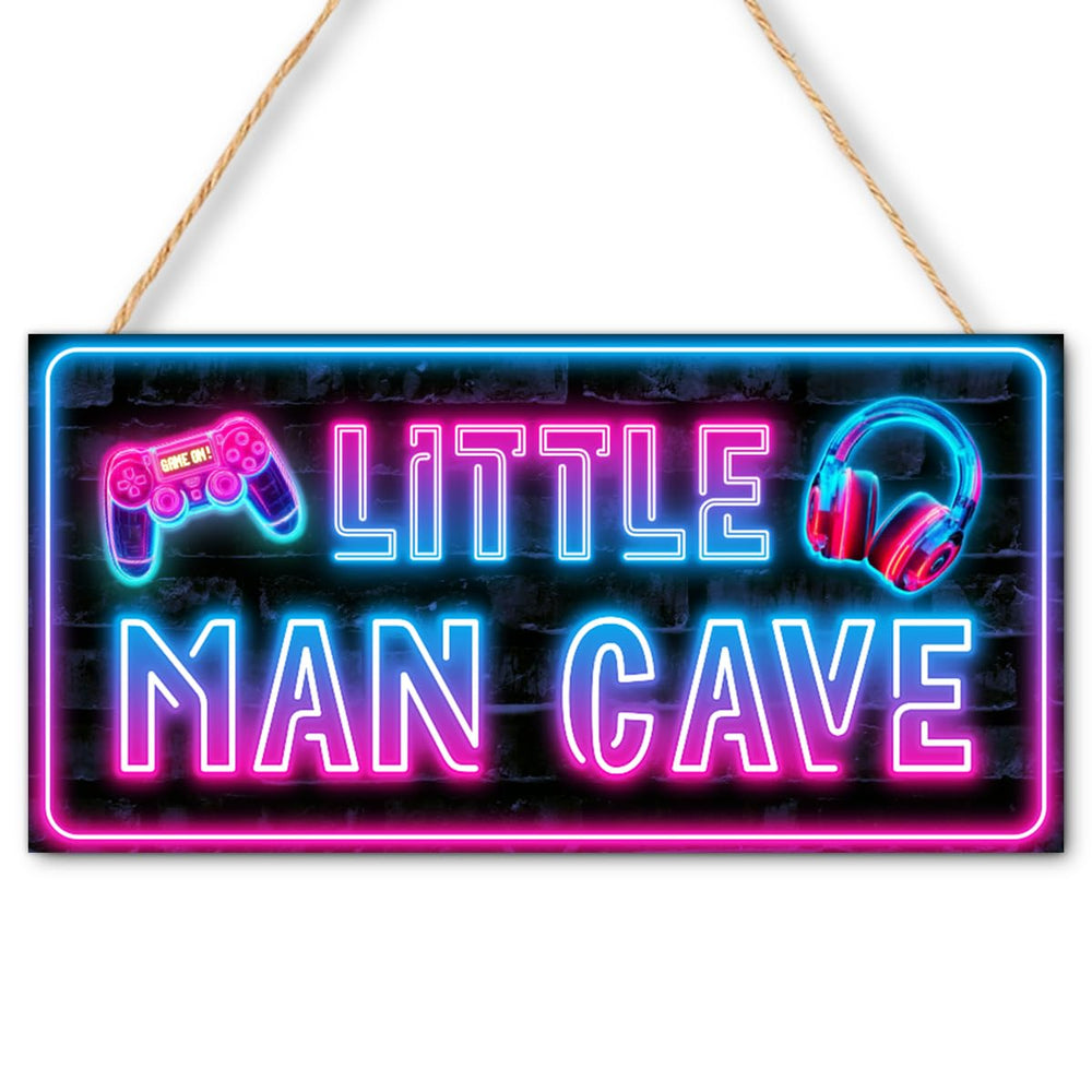 FDLLUS Neon Game Sign on a wood panel brightens a boy’s room.