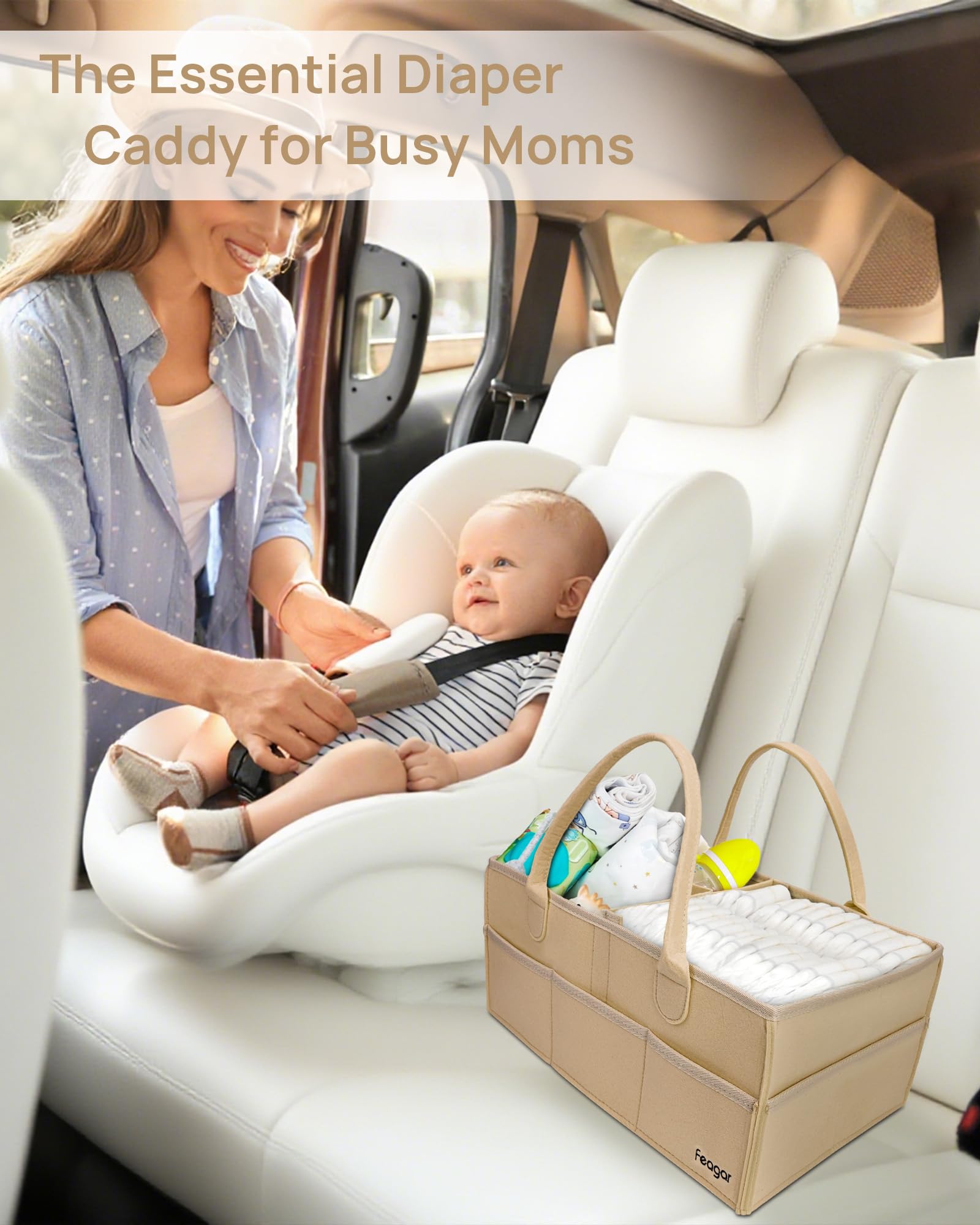 Feagar diaper caddy organizer in car setup for travel convenience
