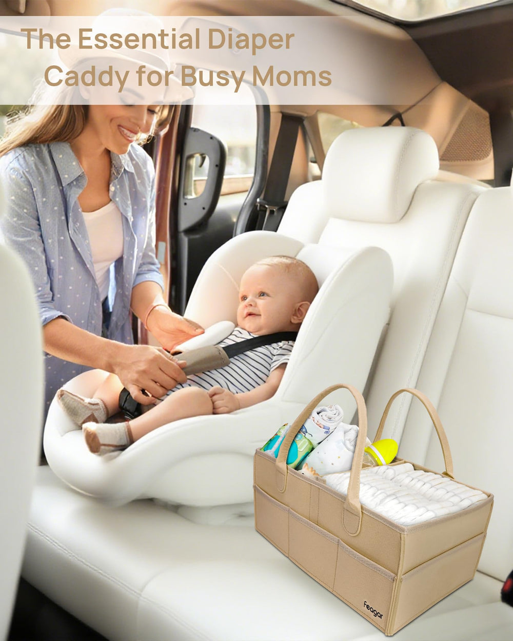 Feagar diaper caddy organizer in car setup for travel convenience
