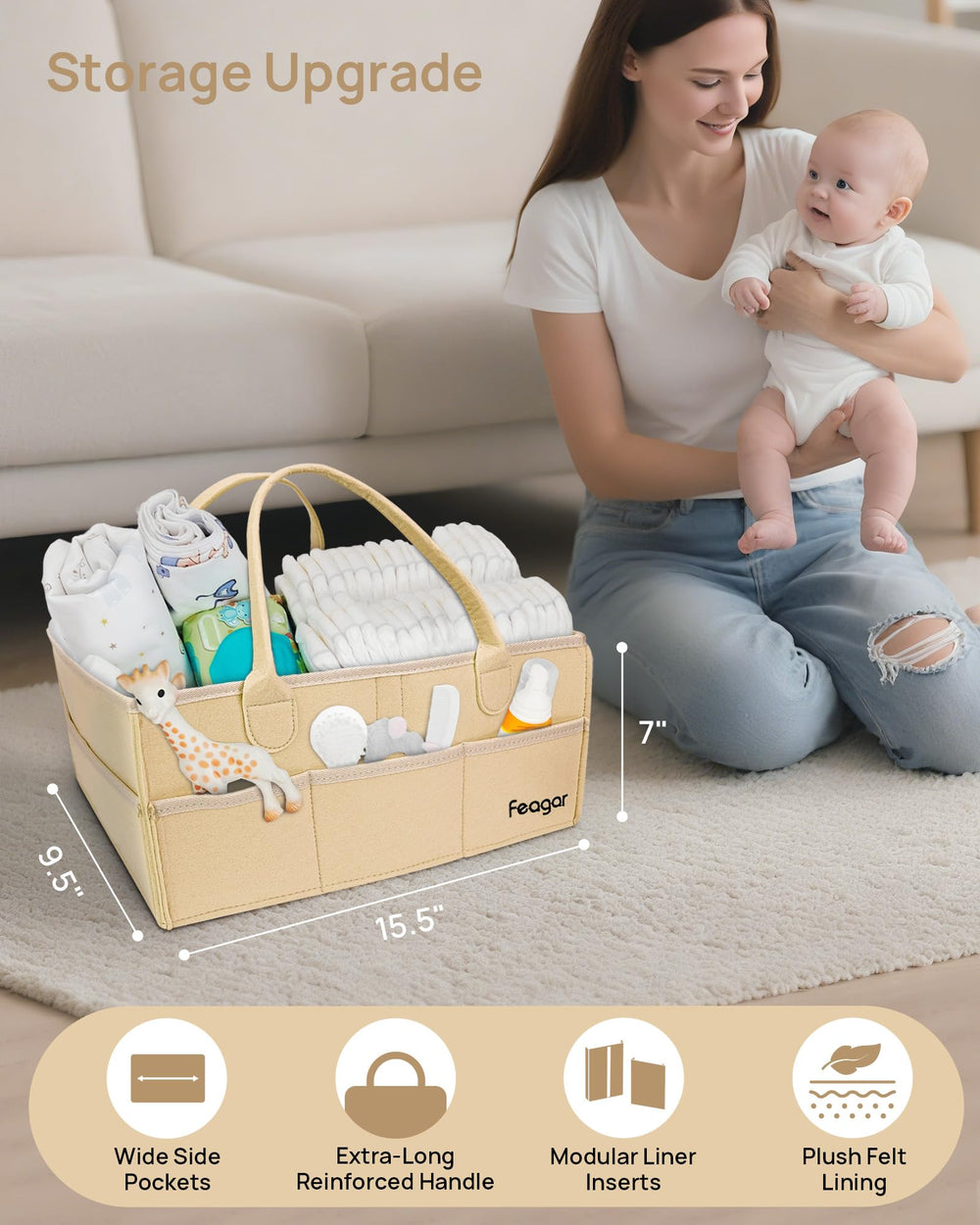 Feagar diaper caddy organizer side pocket view highlighting eight outer pockets
