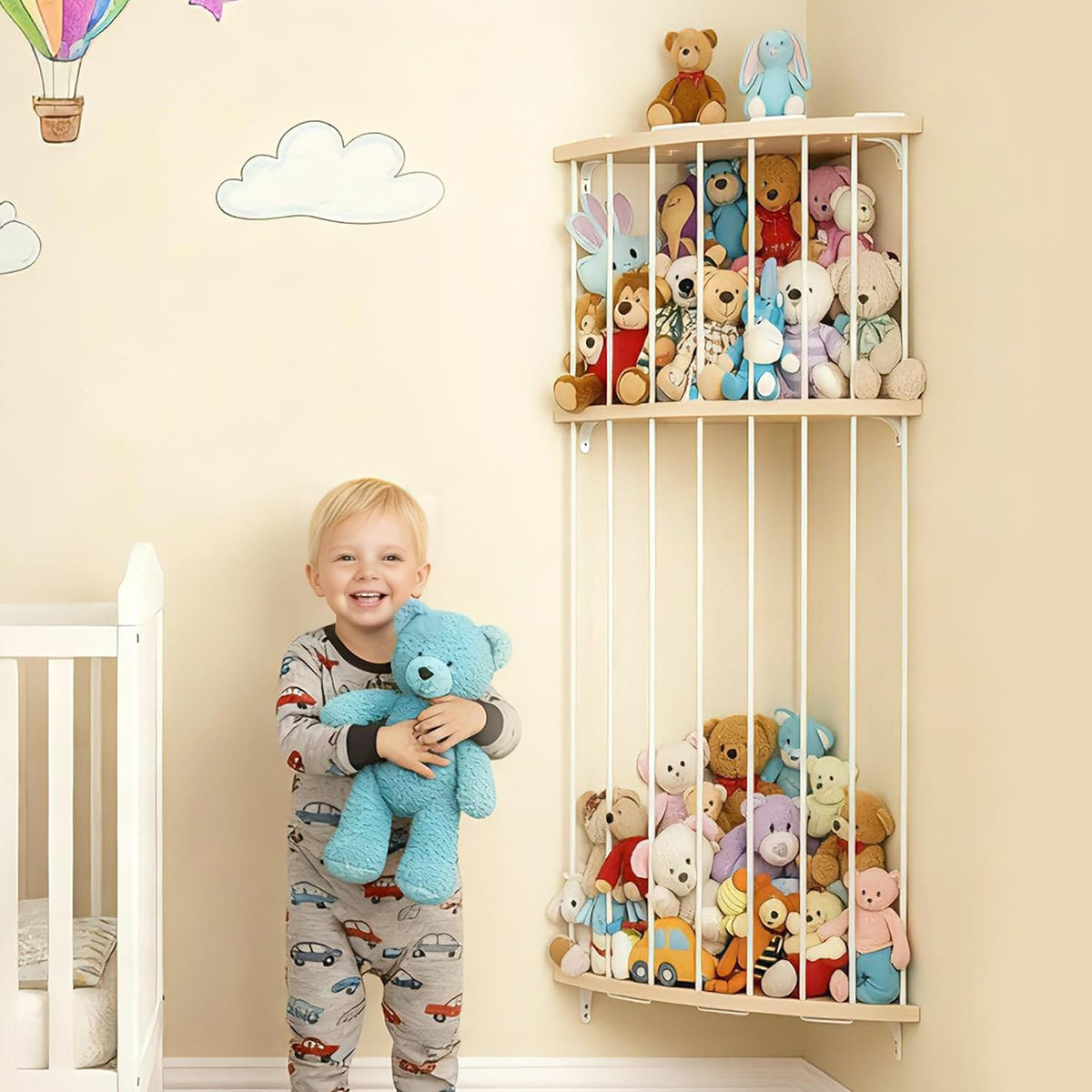 Feagar double-layer stuffed animal storage mounted on a wall corner for space-saving organization