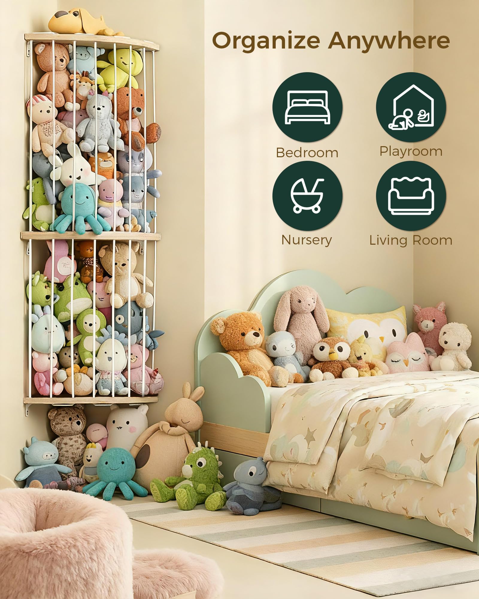 Feagar organized kids room with plush-toy shelf encourages independent play