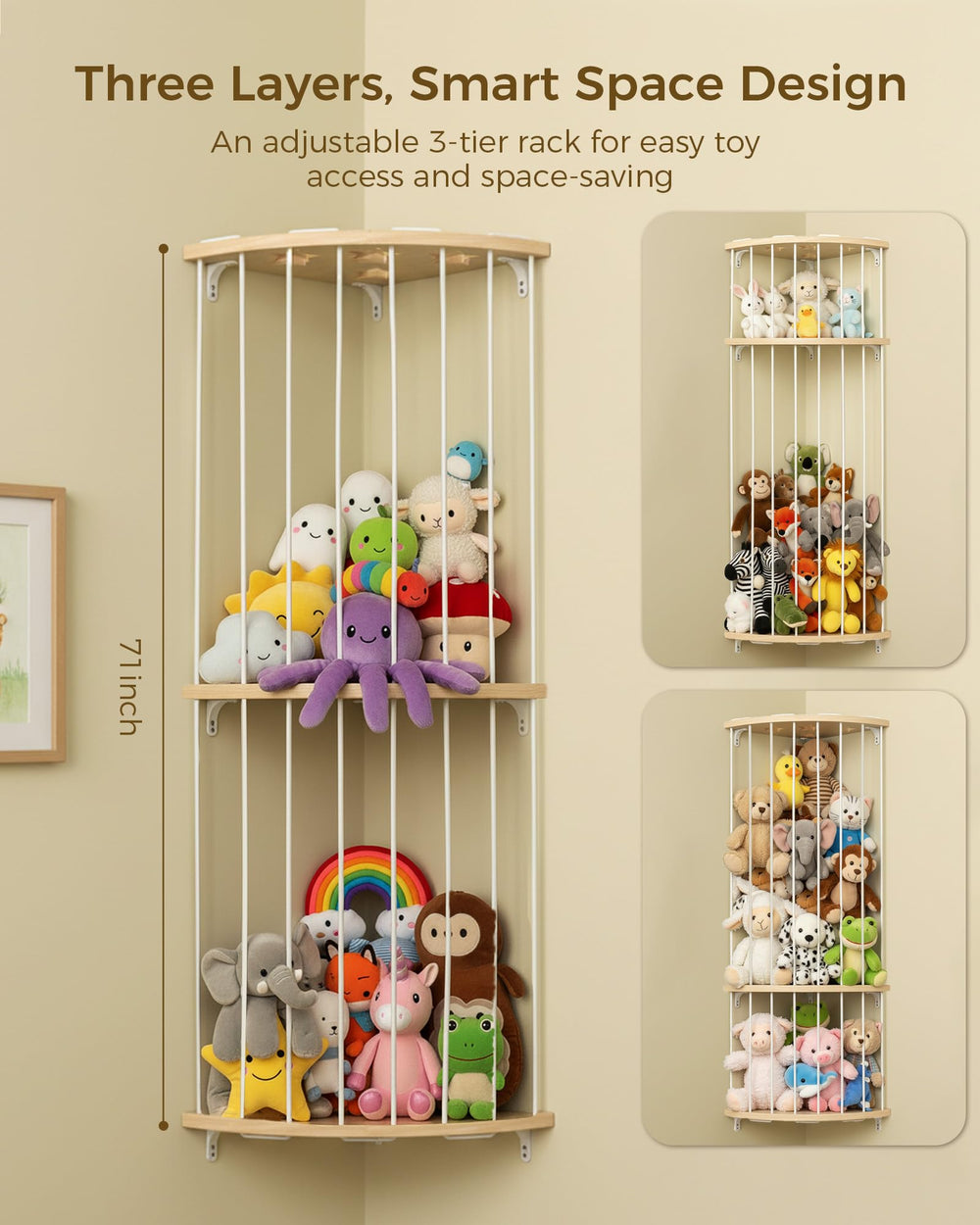 Feagar two-tier shelves holds plush toys by size for quick cleanup