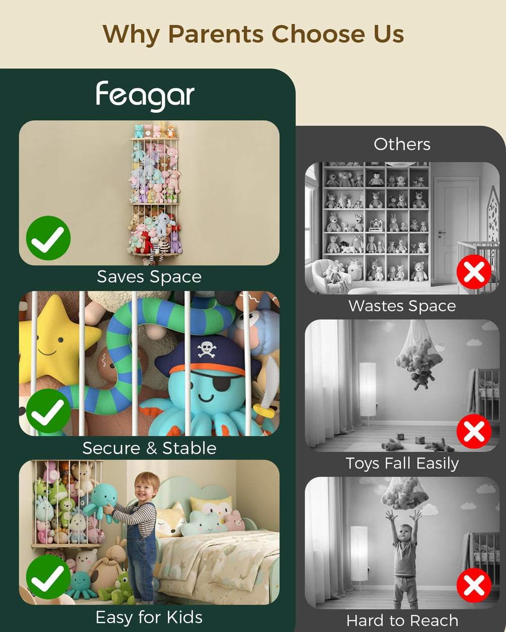 Feagar wood corner toy holder blends with nursery decor