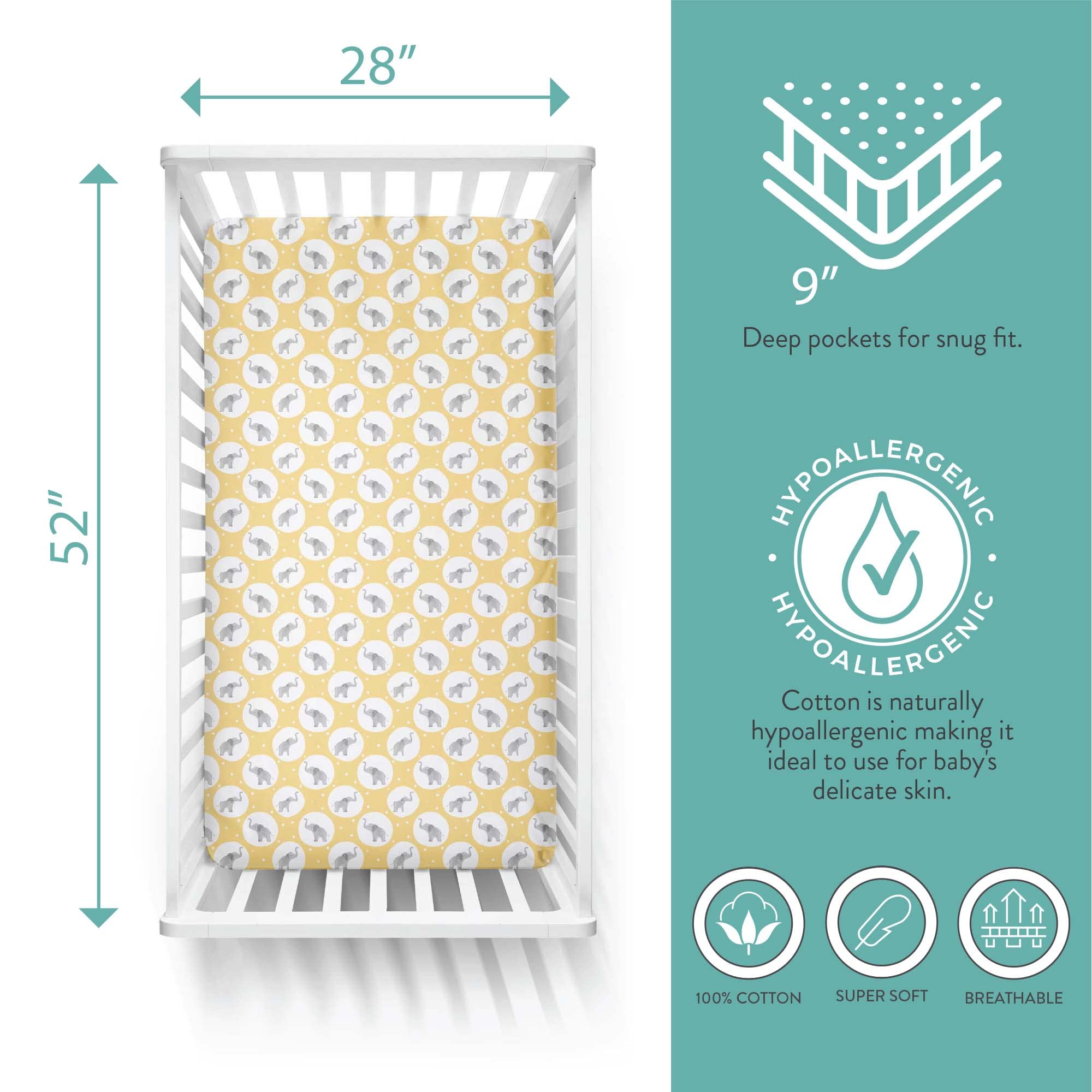 Featherhead 2-pack elephant print fitted crib sheets in soft cotton for nurseries.