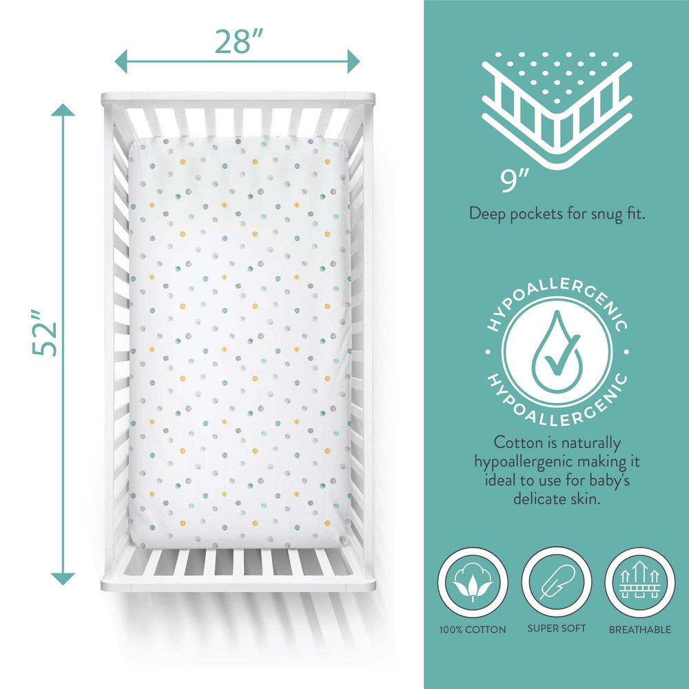 Featherhead 2-pack fitted crib sheets on crib mattress, secure fit with deep pockets.