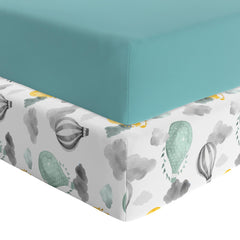 Featherhead 2-Pack Fitted Crib Sheets with percale green balloons provide soft touch and secure fit