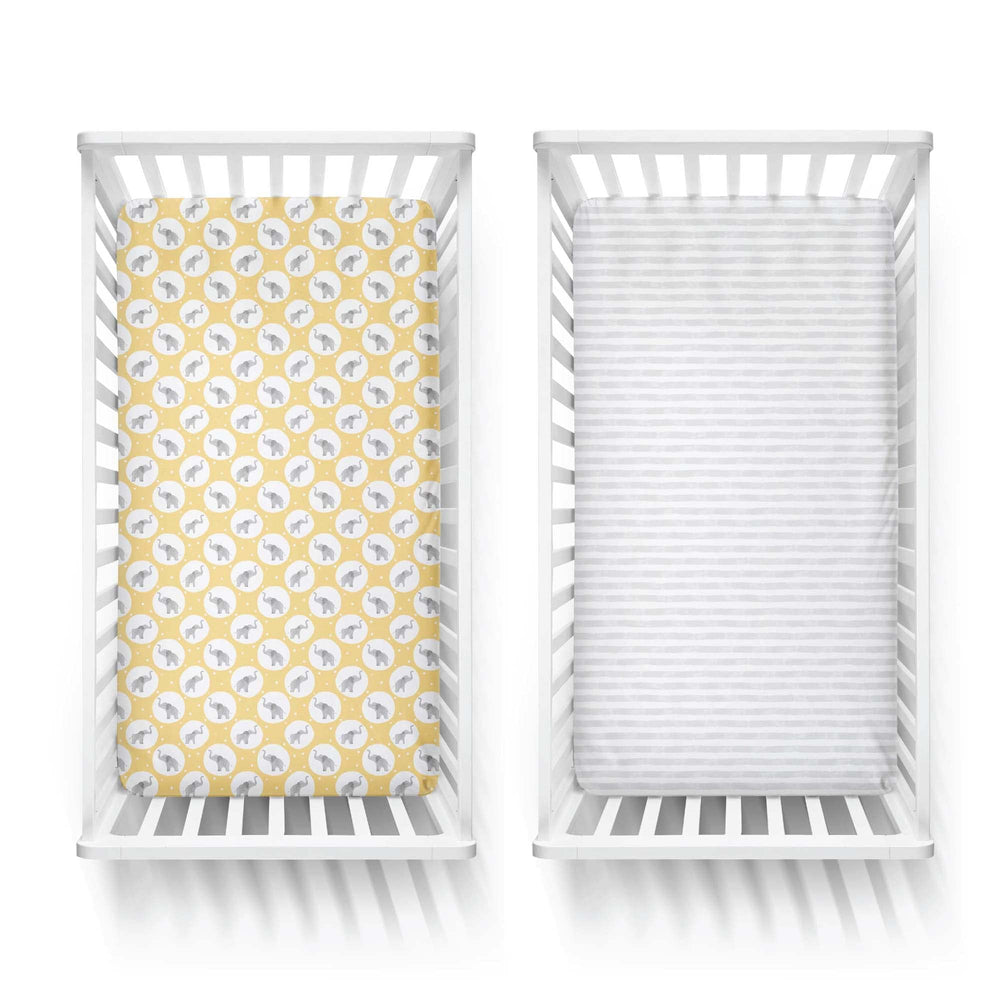Featherhead 2-pack fitted crib sheets showing secure elastic edges for snug corners.