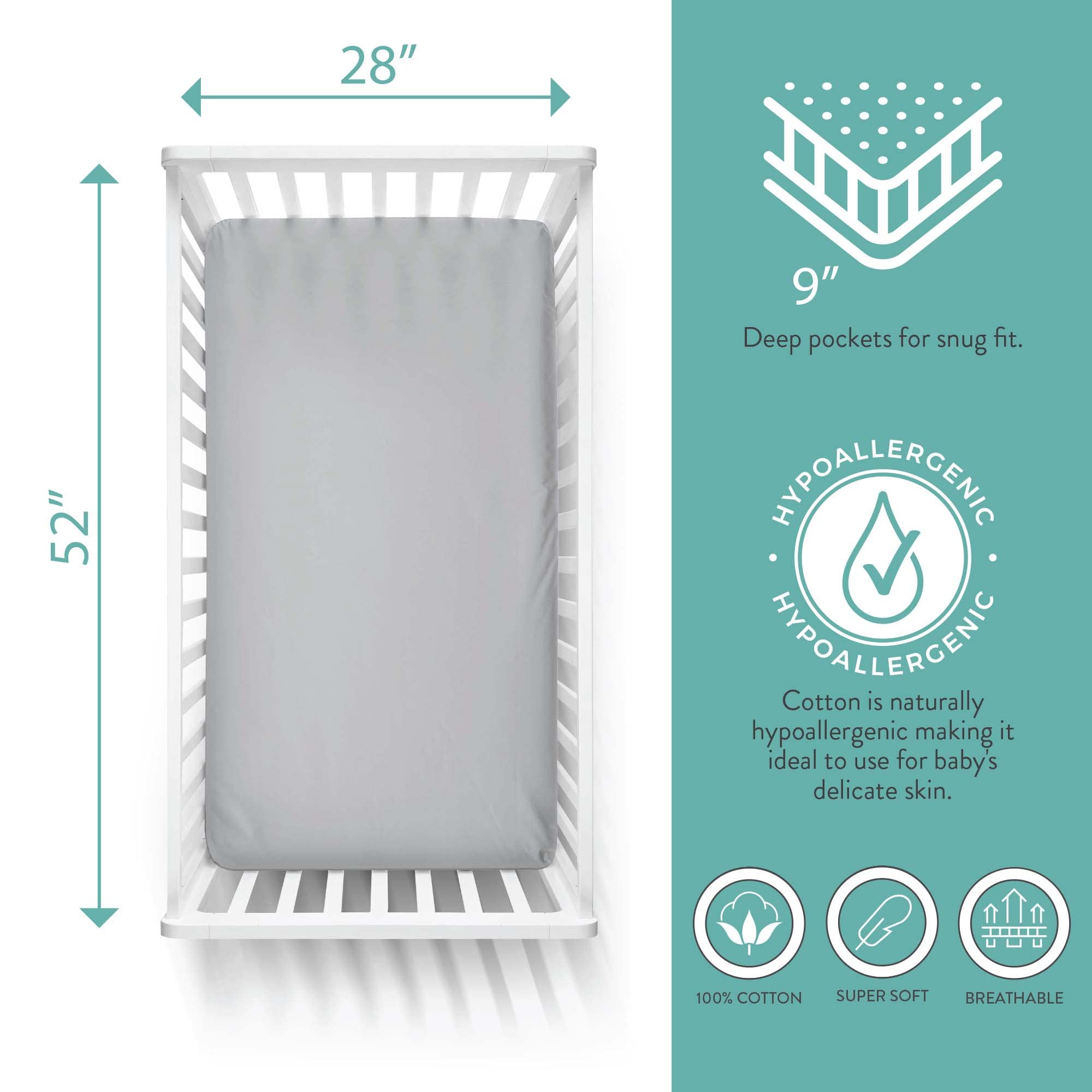 Featherhead 2-pack fitted crib sheets feature secure elastic for snug corners.