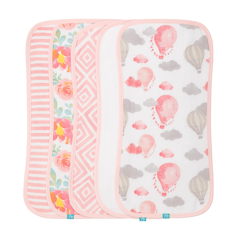 Featherhead baby muslin burp cloths garden floral pack front view for quick mess cleanups