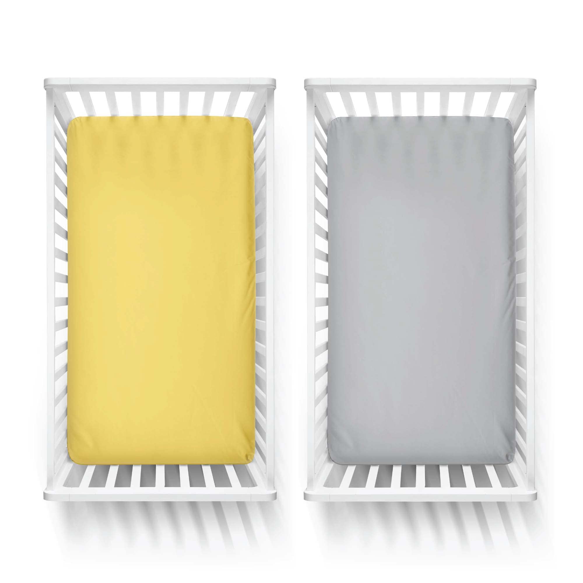 Featherhead fitted crib sheets grey yellow prints offer versatile nursery styling options.