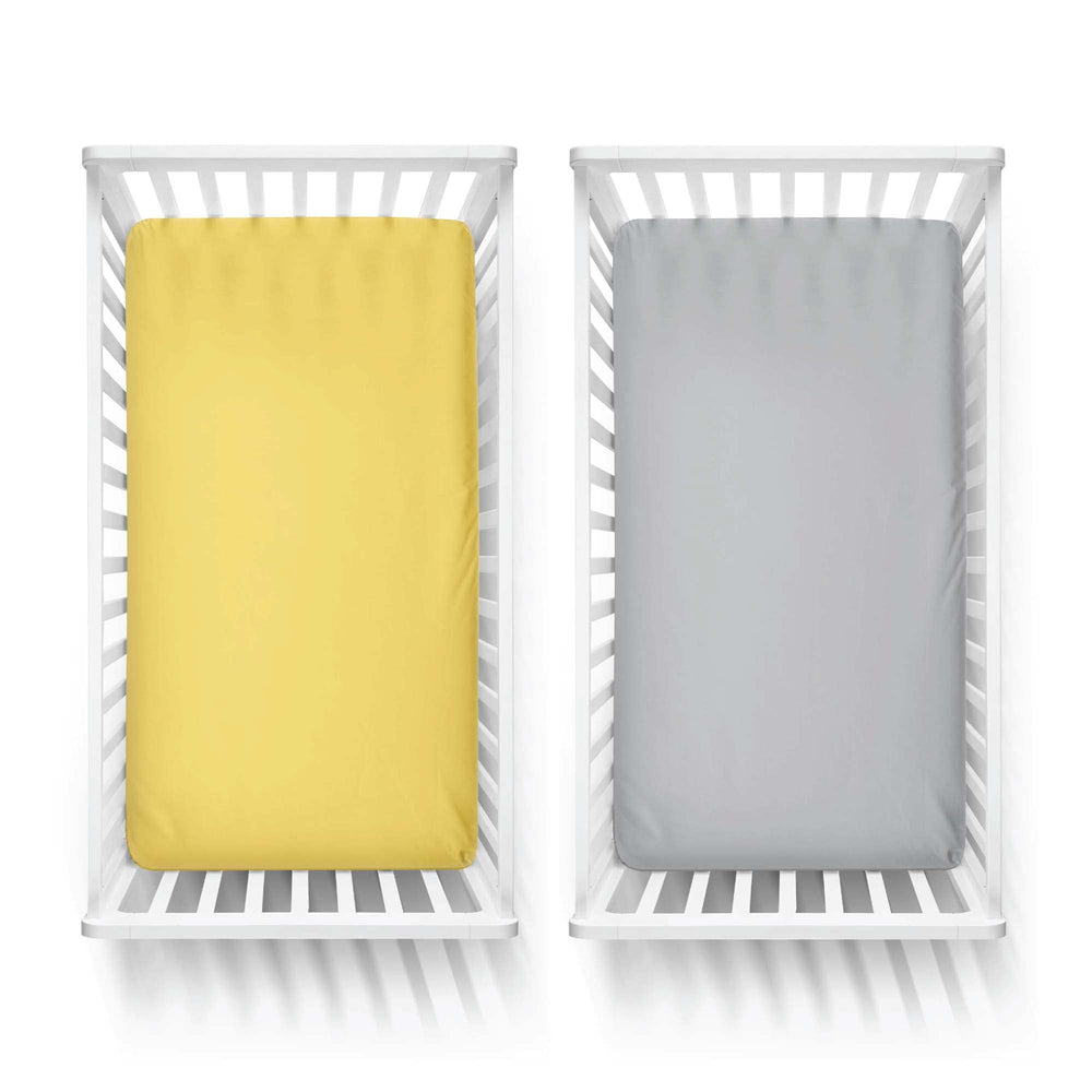 Featherhead fitted crib sheets grey yellow prints offer versatile nursery styling options.