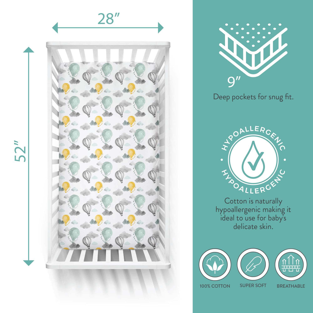 Featherhead secure-fit crib sheet edge with 9-inch drop keeping corners in place
