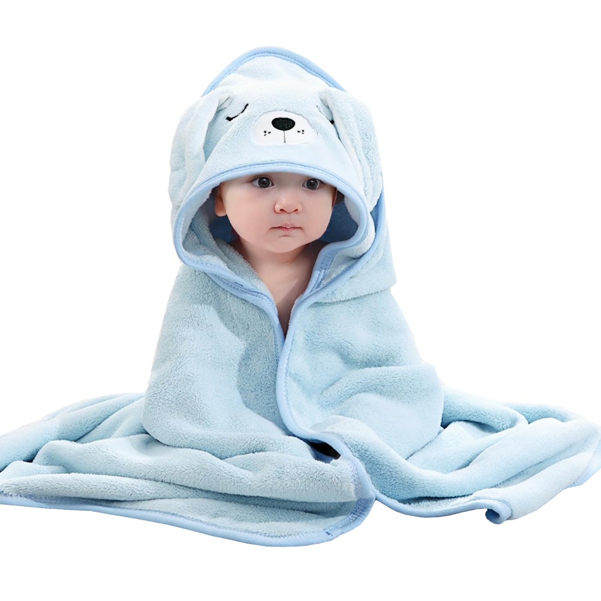 Febvao baby hooded towel front view, 31x31 size for newborns and toddlers, quick drying.