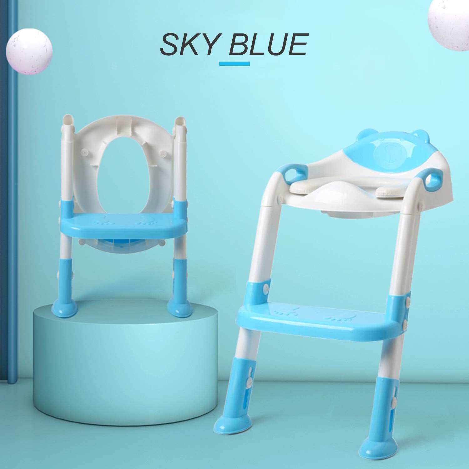 Fedicelly sky blue potty training seat with ladder in use with child for independence.