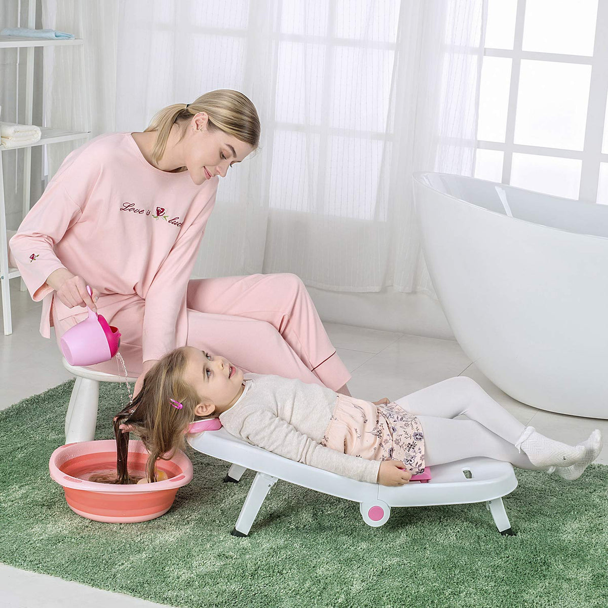 Fedicelly toddler shampoo chair folded pink saves space and stores neatly.