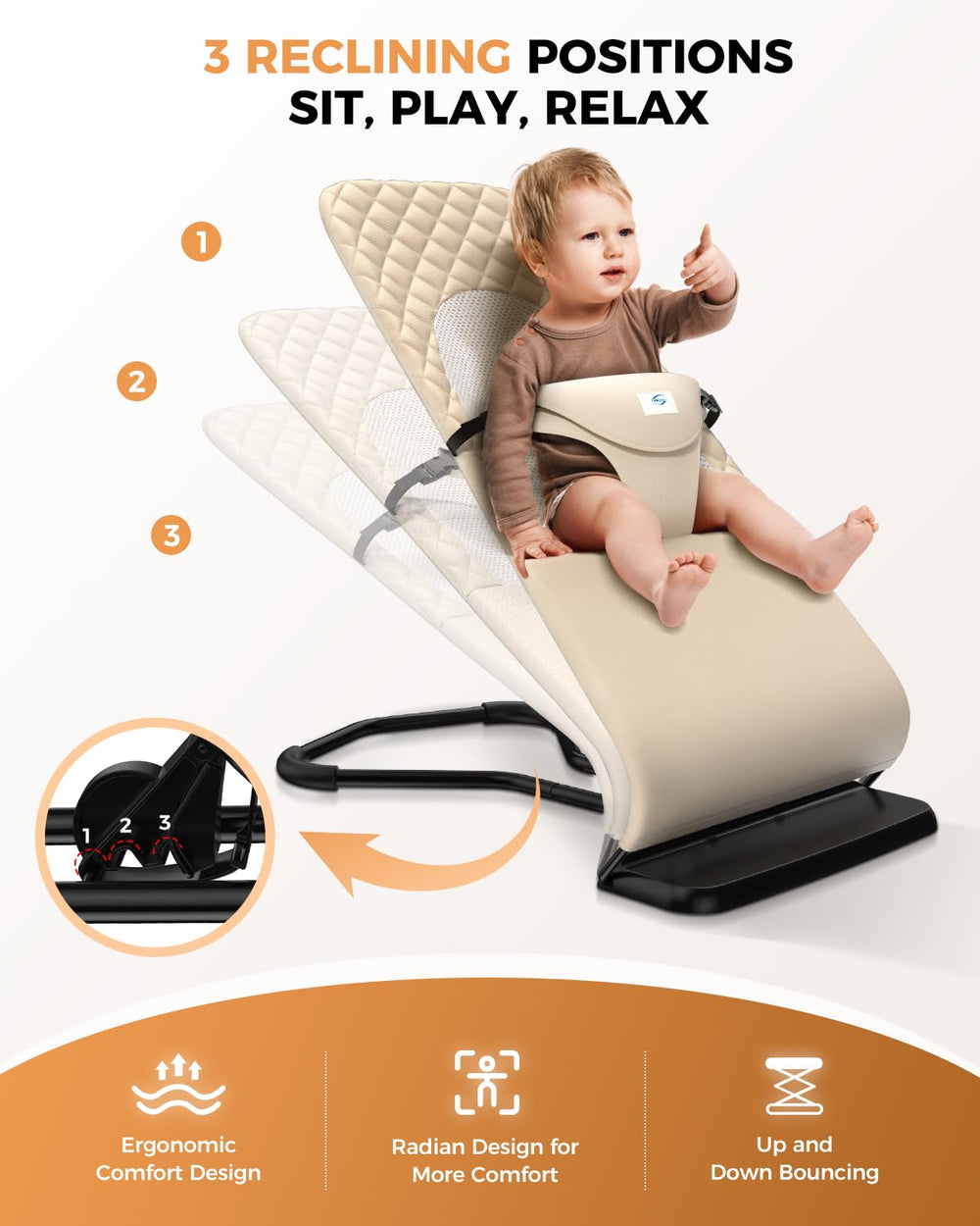 Feeplas baby bouncer-3-point-harness: secure safety harness keeps baby safely seated.
