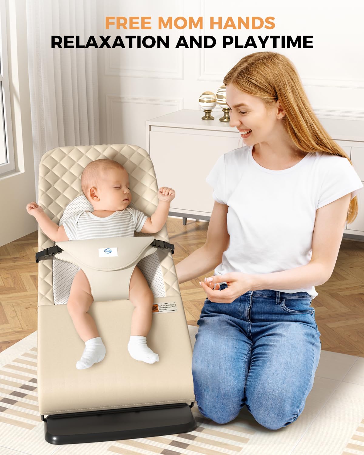 Feeplas baby bouncer-compact-fold: fits neatly under a sofa for home storage.