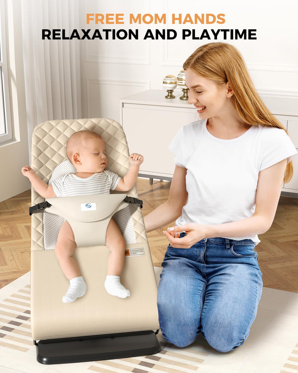Feeplas baby bouncer-compact-fold: fits neatly under a sofa for home storage.