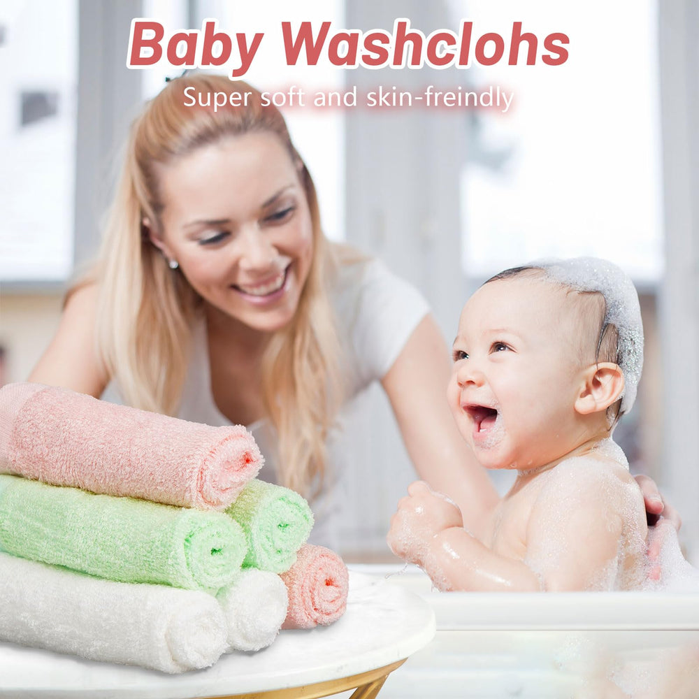 Feibi Baby Washcloths used during bath time for gentle facial cleaning.