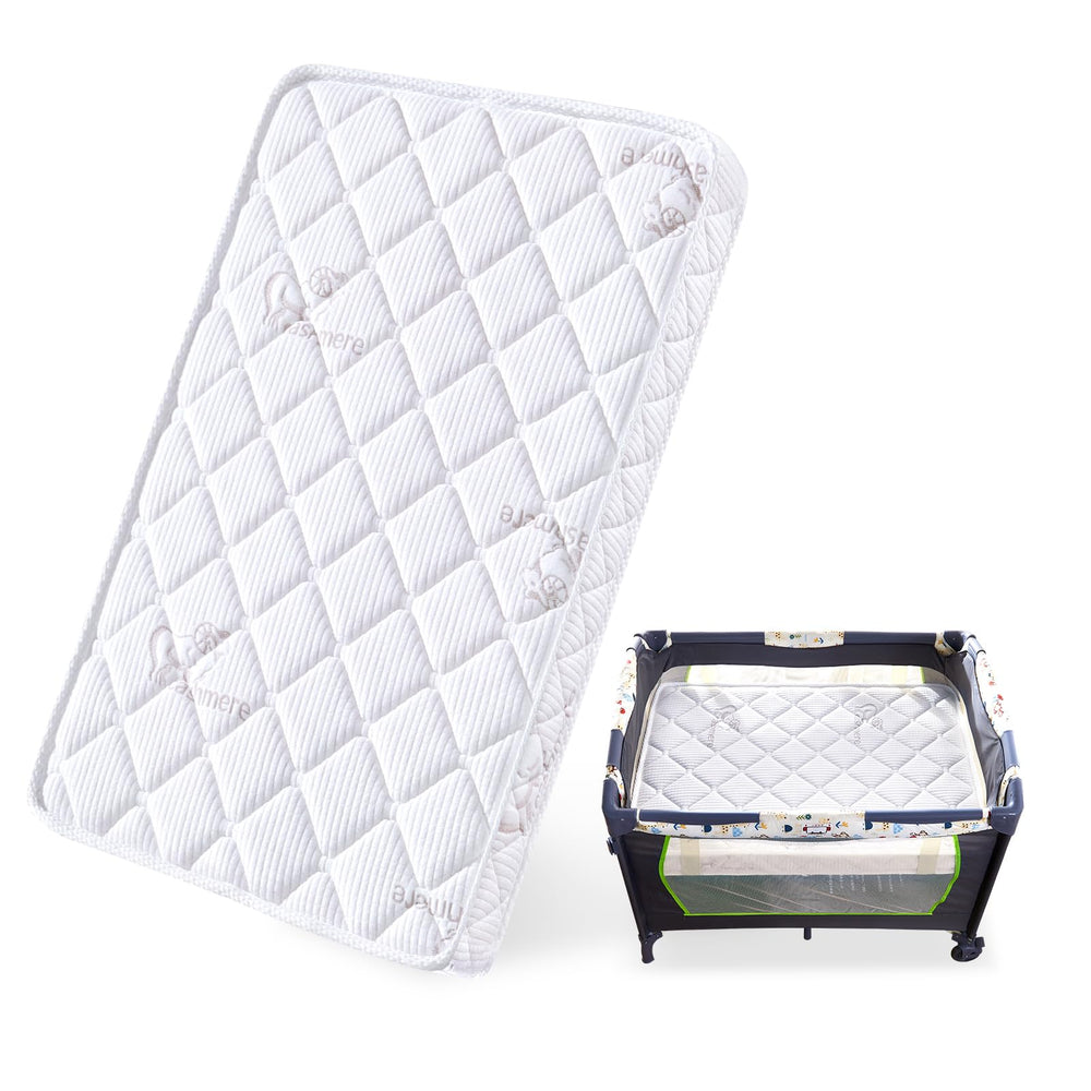 Feisaibaoly pack and play mattress top view shows snug fit and soft hypoallergenic cover.