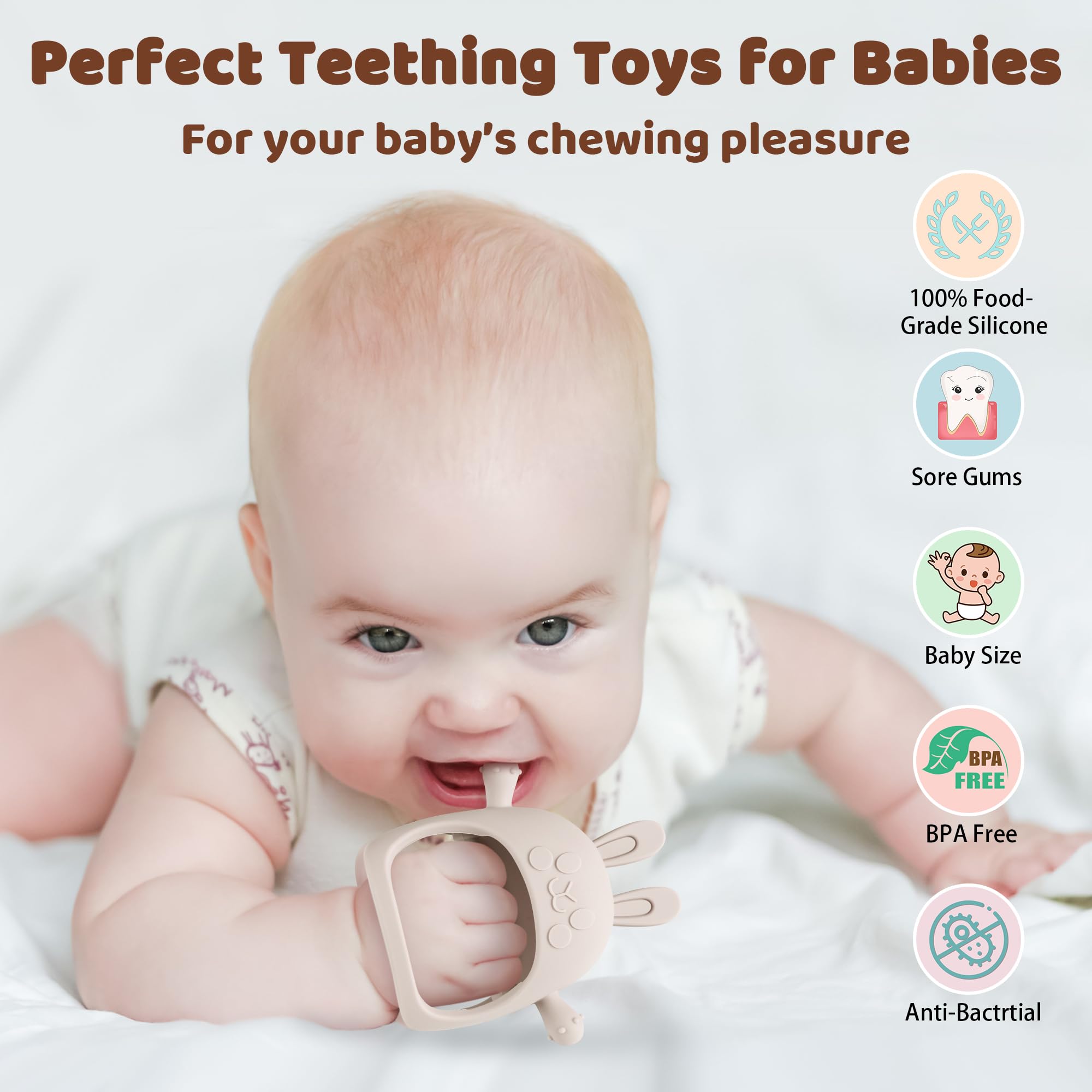 FEISCS Easter Bunny Teether close-up highlights soft silicone texture for gentle chewing.