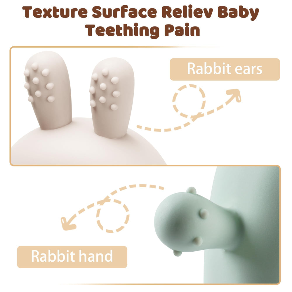 FEISCS Easter Bunny Teether on baby's hand helps reach back teeth.