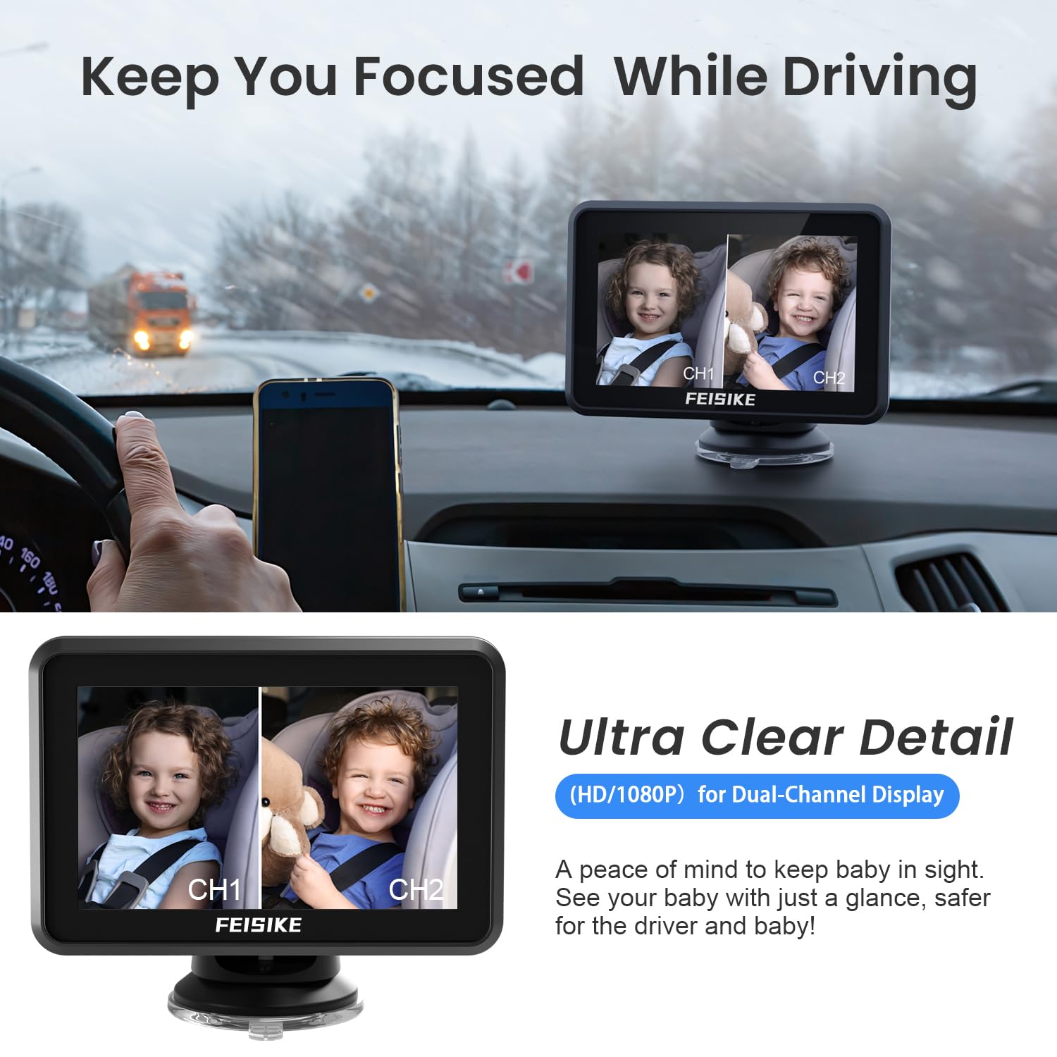FEISIKE 5-inch IPS display auto-on backseat view for simple daily monitoring.