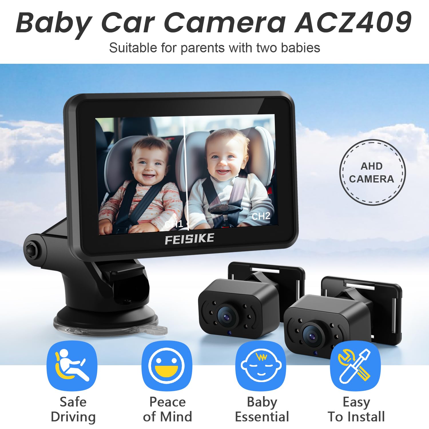 FEISIKE baby camera 1080p HD wide-angle captures clear rear-seat monitoring.